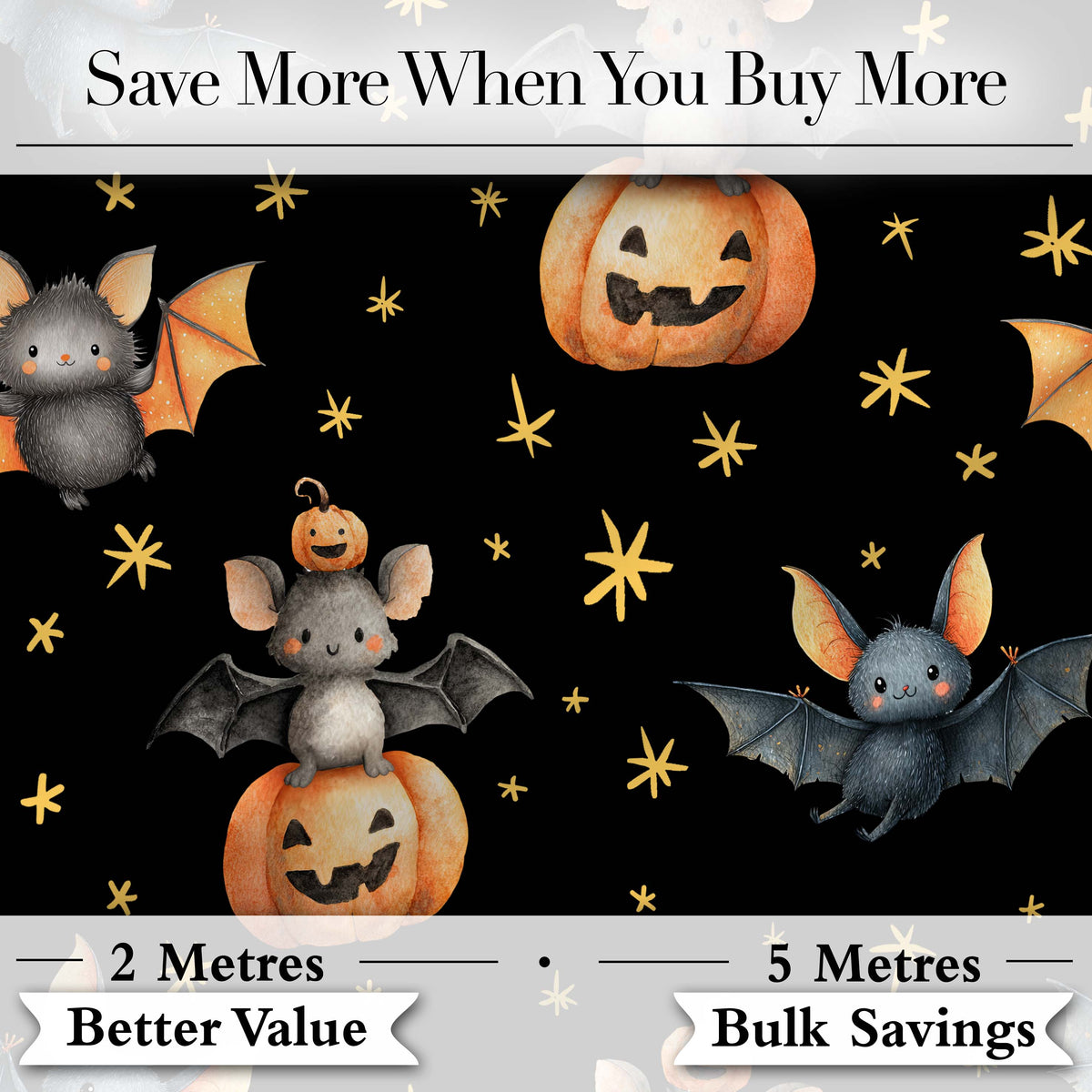 Cute Halloween Bats Sitting on Pumpkins with Stars Black Background Pattern Digital Print Fabric by the Metre UK Sewing Quilting Textile