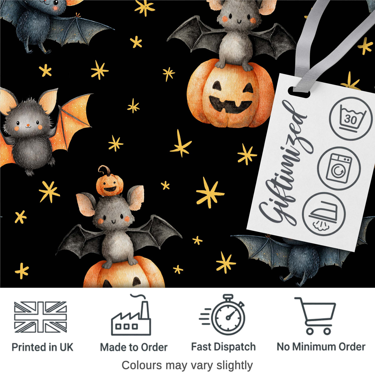 Cute Halloween Bats Sitting on Pumpkins with Stars Black Background Pattern Digital Print Fabric by the Metre UK Sewing Quilting Textile