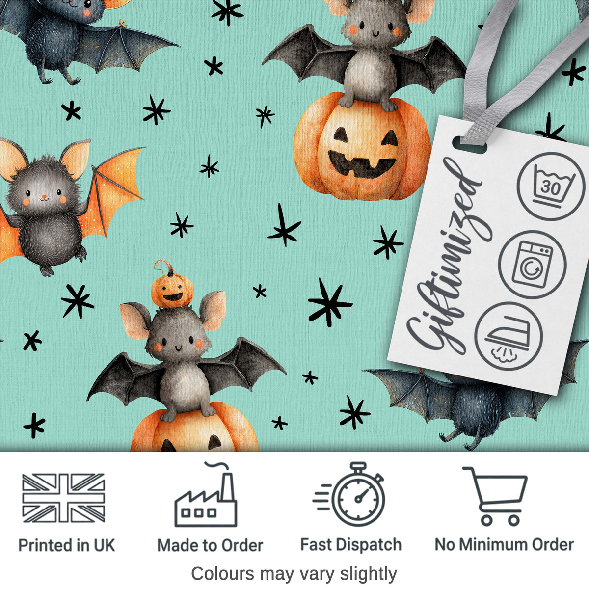 Cute Halloween Bats Sitting on Pumpkins with Stars Teal Background Pattern Digital Print Fabric by the Metre UK Sewing Quilting Textile