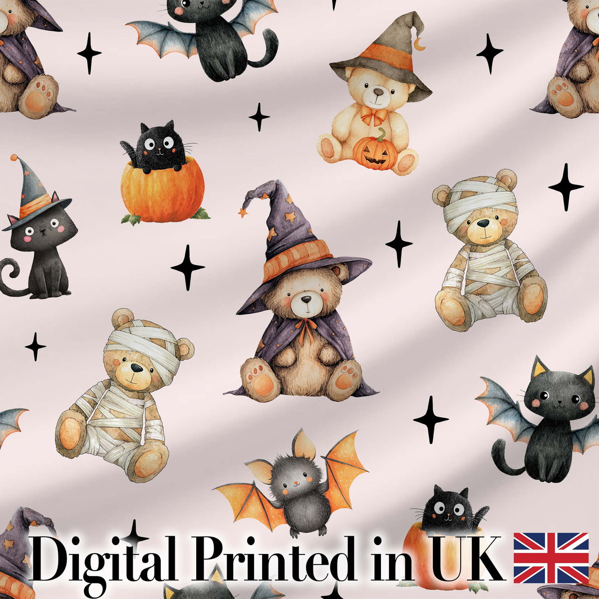 Cute Halloween Teddy Bears Mummy Witch Cat Pumpkin Stars Pink Background Digital Print Fabric by the Metre UK Sewing Quilting Textile