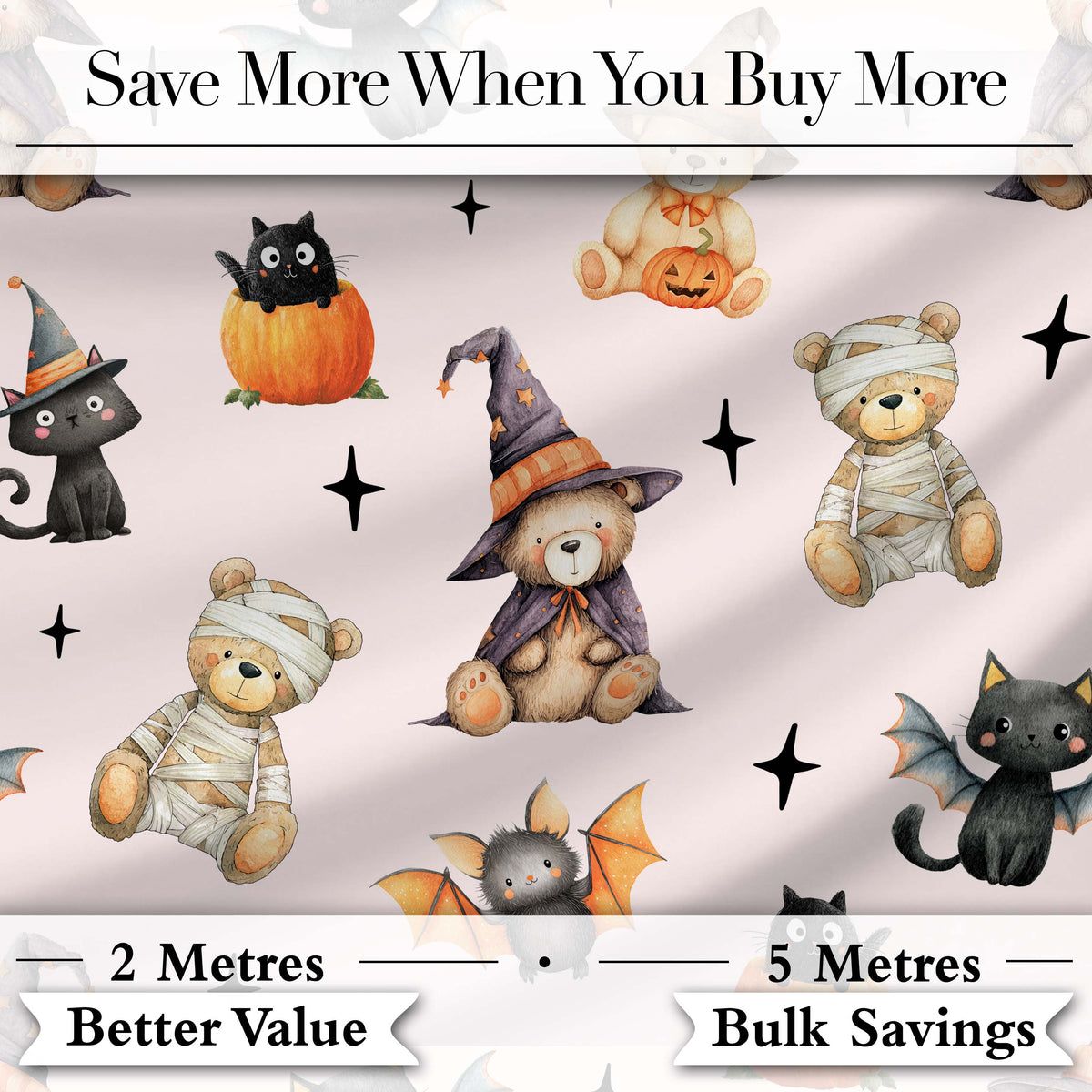 Cute Halloween Teddy Bears Mummy Witch Cat Pumpkin Stars Pink Background Digital Print Fabric by the Metre UK Sewing Quilting Textile