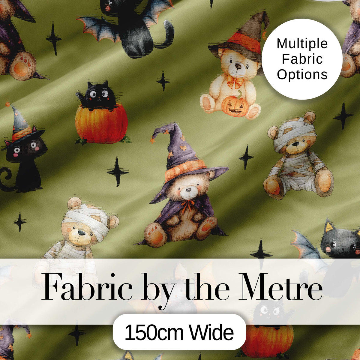 Cute Halloween Teddy Bears Mummy Witch Cat Pumpkin Stars Olive Background Digital Print Fabric by the Metre UK Sewing Quilting Textile
