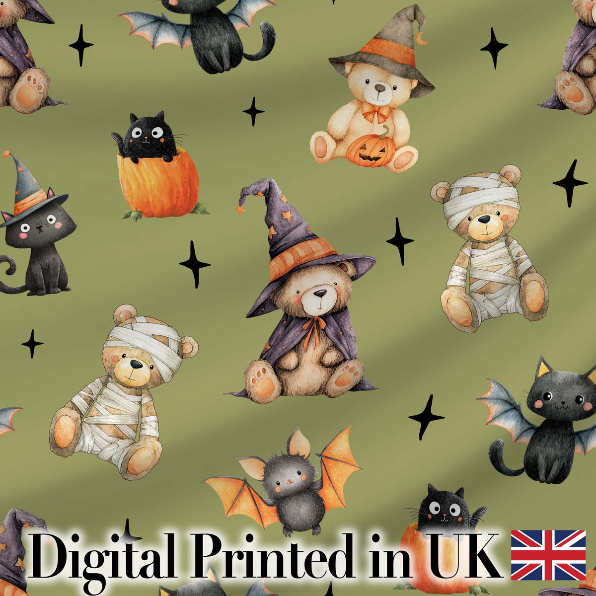 Cute Halloween Teddy Bears Mummy Witch Cat Pumpkin Stars Olive Background Digital Print Fabric by the Metre UK Sewing Quilting Textile