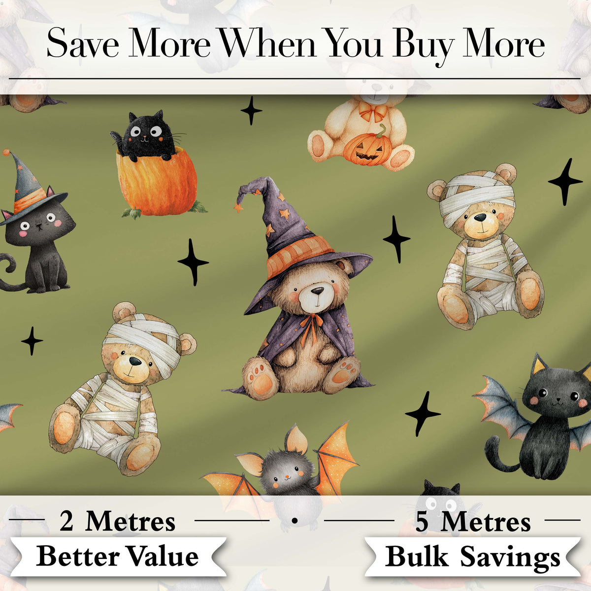 Cute Halloween Teddy Bears Mummy Witch Cat Pumpkin Stars Olive Background Digital Print Fabric by the Metre UK Sewing Quilting Textile