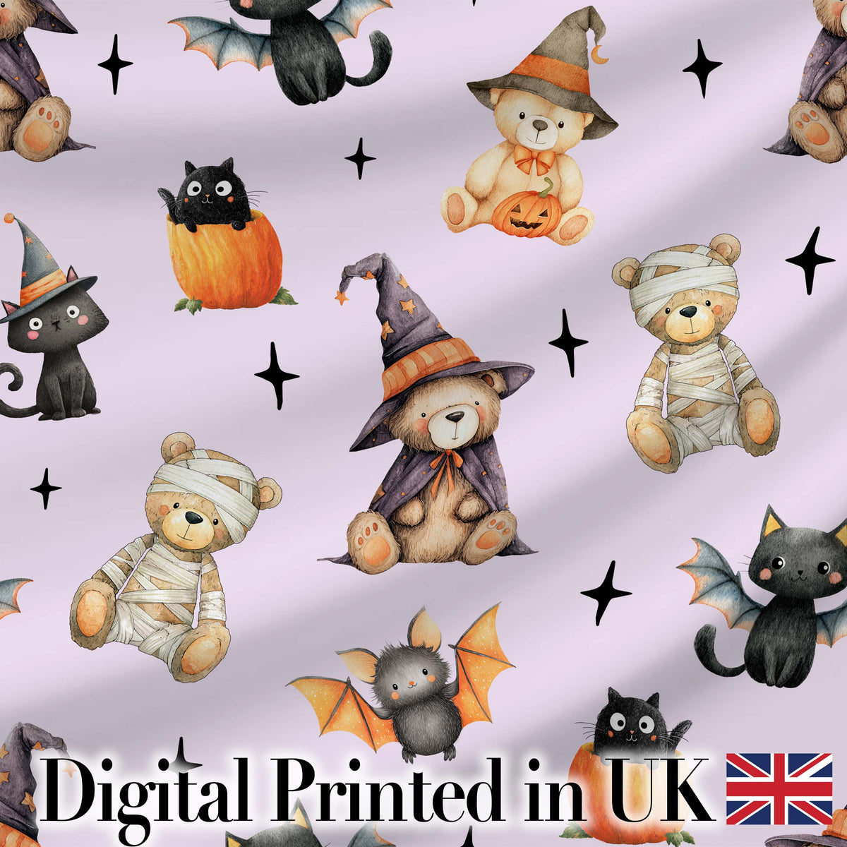 Cute Halloween Teddy Bears Mummy Witch Cat Pumpkin Stars Purple Background Digital Print Fabric by the Metre UK Sewing Quilting Textile