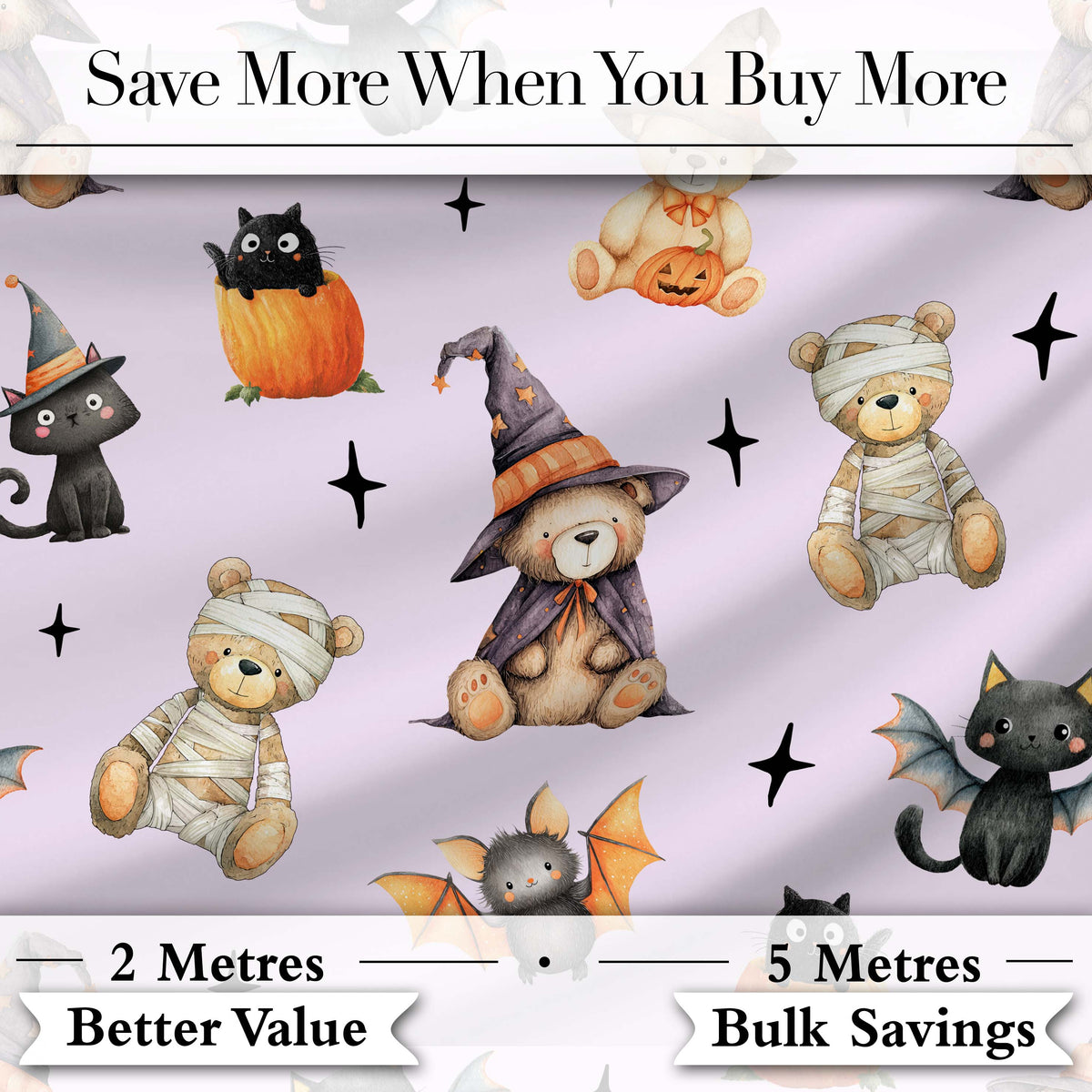 Cute Halloween Teddy Bears Mummy Witch Cat Pumpkin Stars Purple Background Digital Print Fabric by the Metre UK Sewing Quilting Textile