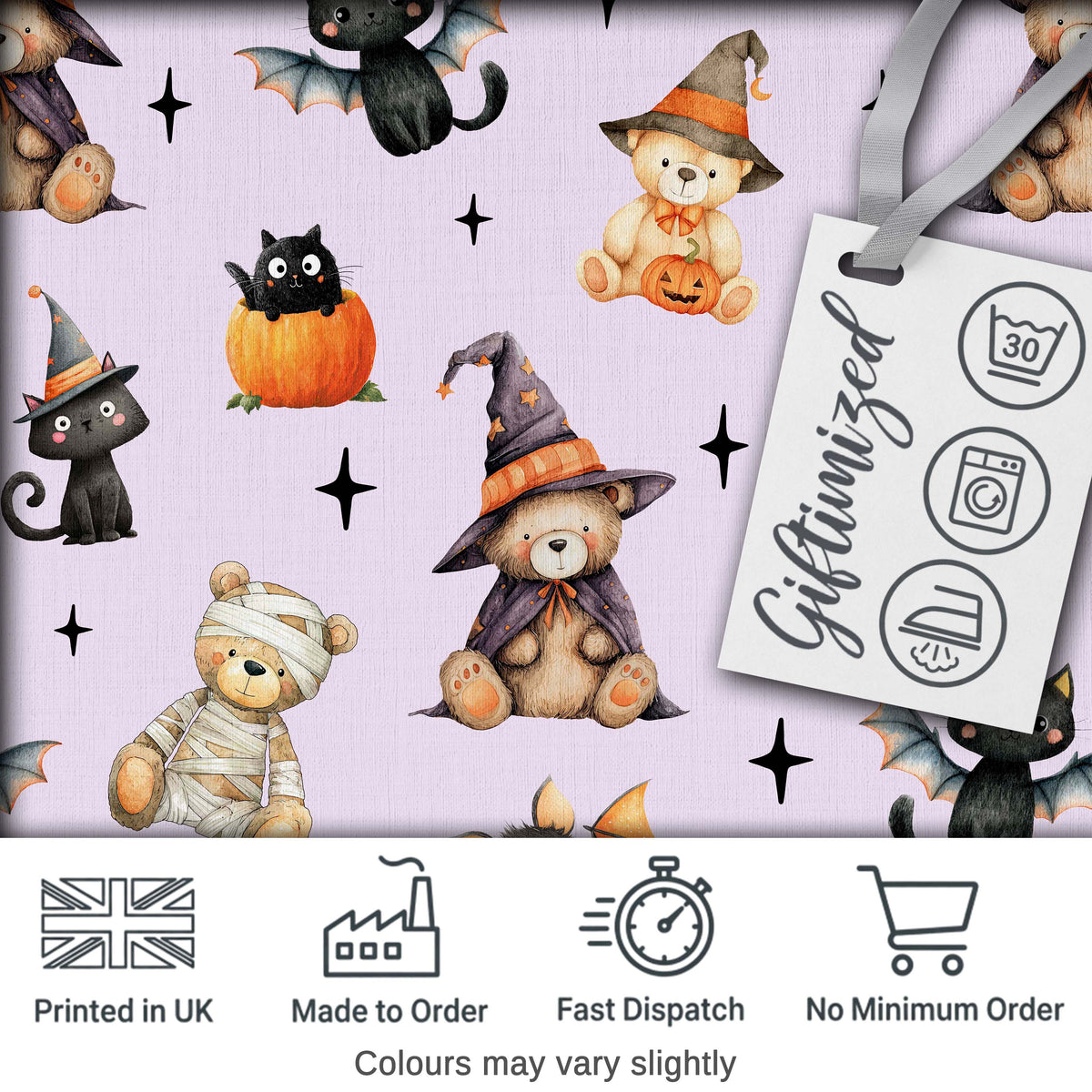 Cute Halloween Teddy Bears Mummy Witch Cat Pumpkin Stars Purple Background Digital Print Fabric by the Metre UK Sewing Quilting Textile