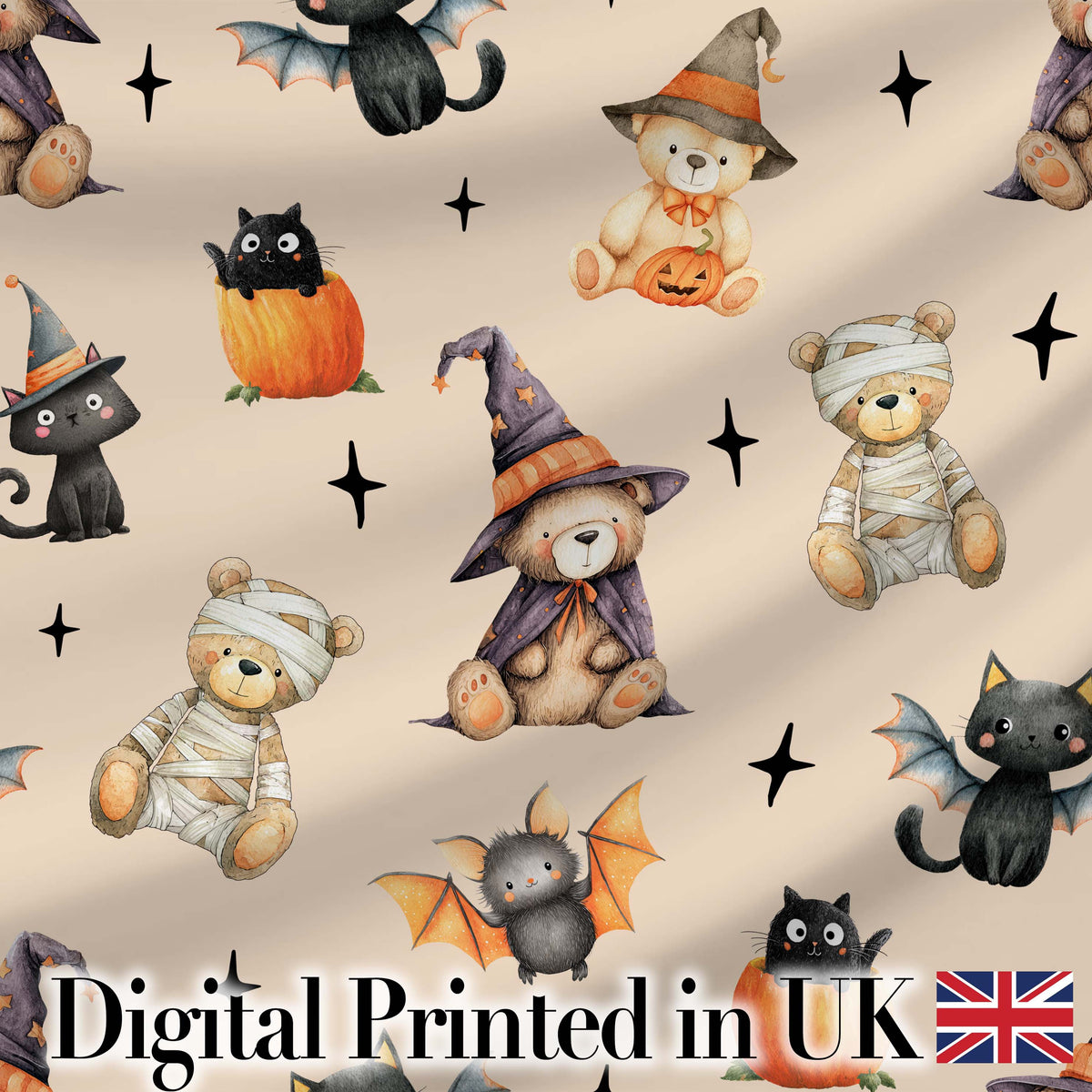 Cute Halloween Teddy Bears Mummy Witch Cat Pumpkin Stars Beige Background Digital Print Fabric by the Metre UK Sewing Quilting Textile