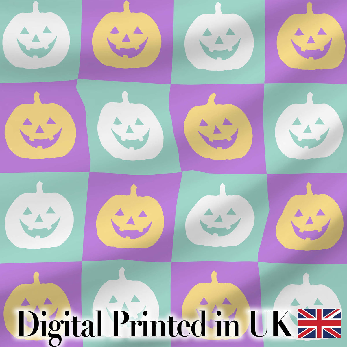 Pastel Pumpkin Checkerboard Soft Halloween Seamless Pattern UK Digital Print Fabric by the Metre UK Sewing Quilting Textile