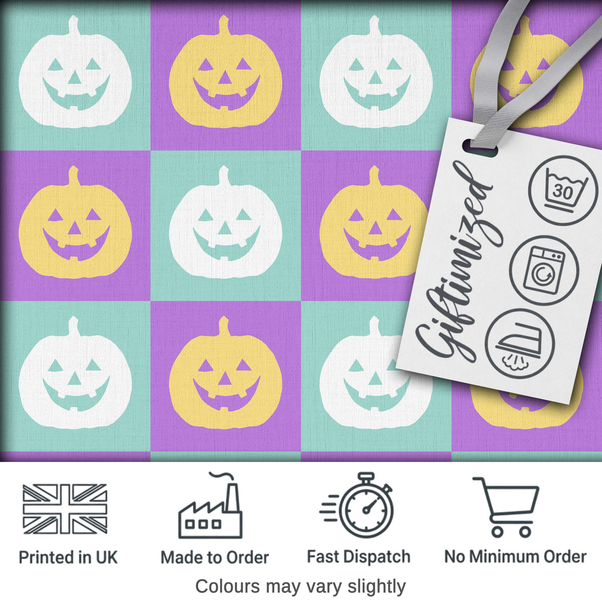 Pastel Pumpkin Checkerboard Soft Halloween Seamless Pattern UK Digital Print Fabric by the Metre UK Sewing Quilting Textile