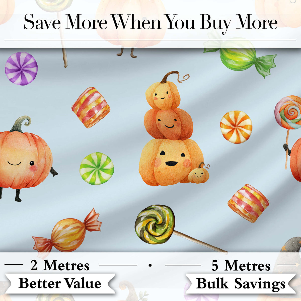 Cute Candy Pumpkin Characters Sweet Halloween Seamless Pattern UK Digital Print Fabric by the Metre UK Sewing Quilting Textile