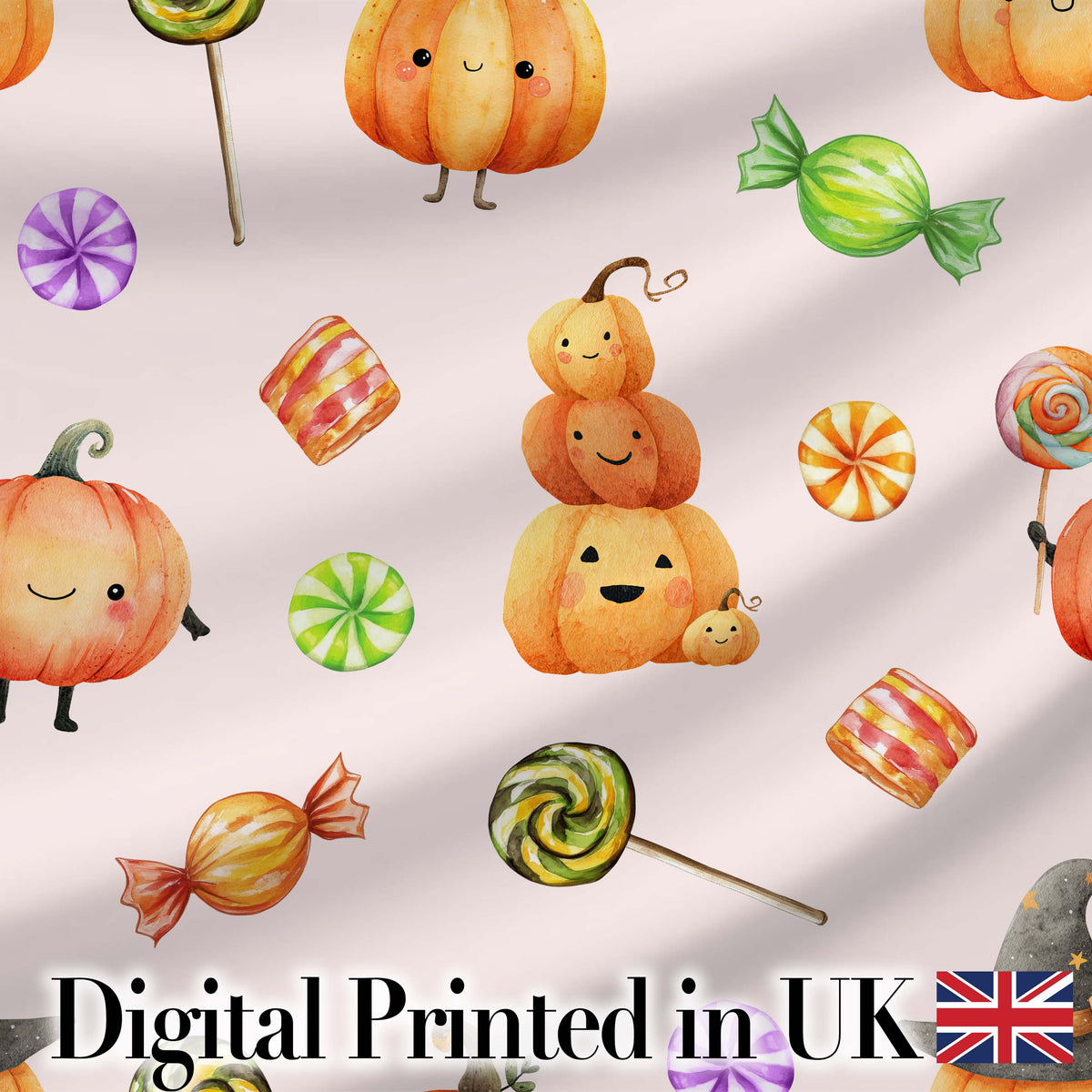 Cute Halloween Pumpkin Candy Characters Pastel Background Seamless Pattern Digital Print Fabric by the Metre UK Sewing Quilting Textile