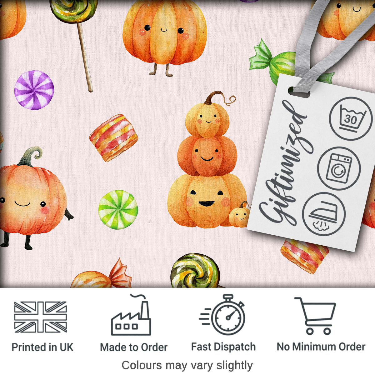 Cute Halloween Pumpkin Candy Characters Pastel Background Seamless Pattern Digital Print Fabric by the Metre UK Sewing Quilting Textile