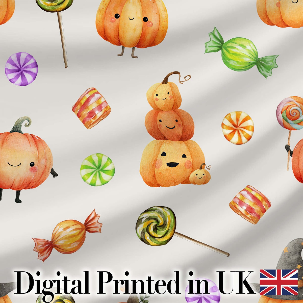 Cute Halloween Pumpkin Candy Characters Neutral Background Seamless Pattern Digital Print Fabric by the Metre UK Sewing Quilting Textile