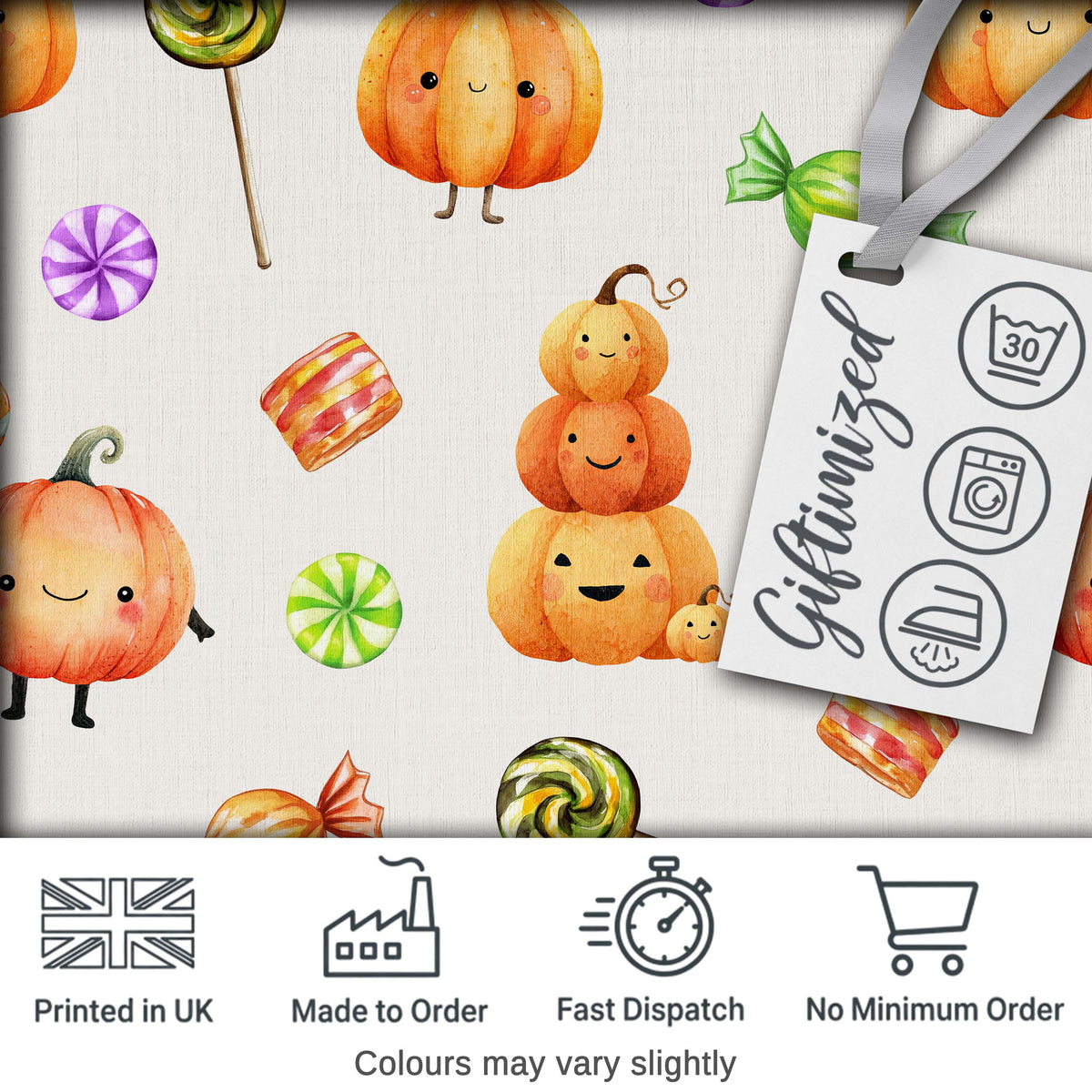 Cute Halloween Pumpkin Candy Characters Neutral Background Seamless Pattern Digital Print Fabric by the Metre UK Sewing Quilting Textile