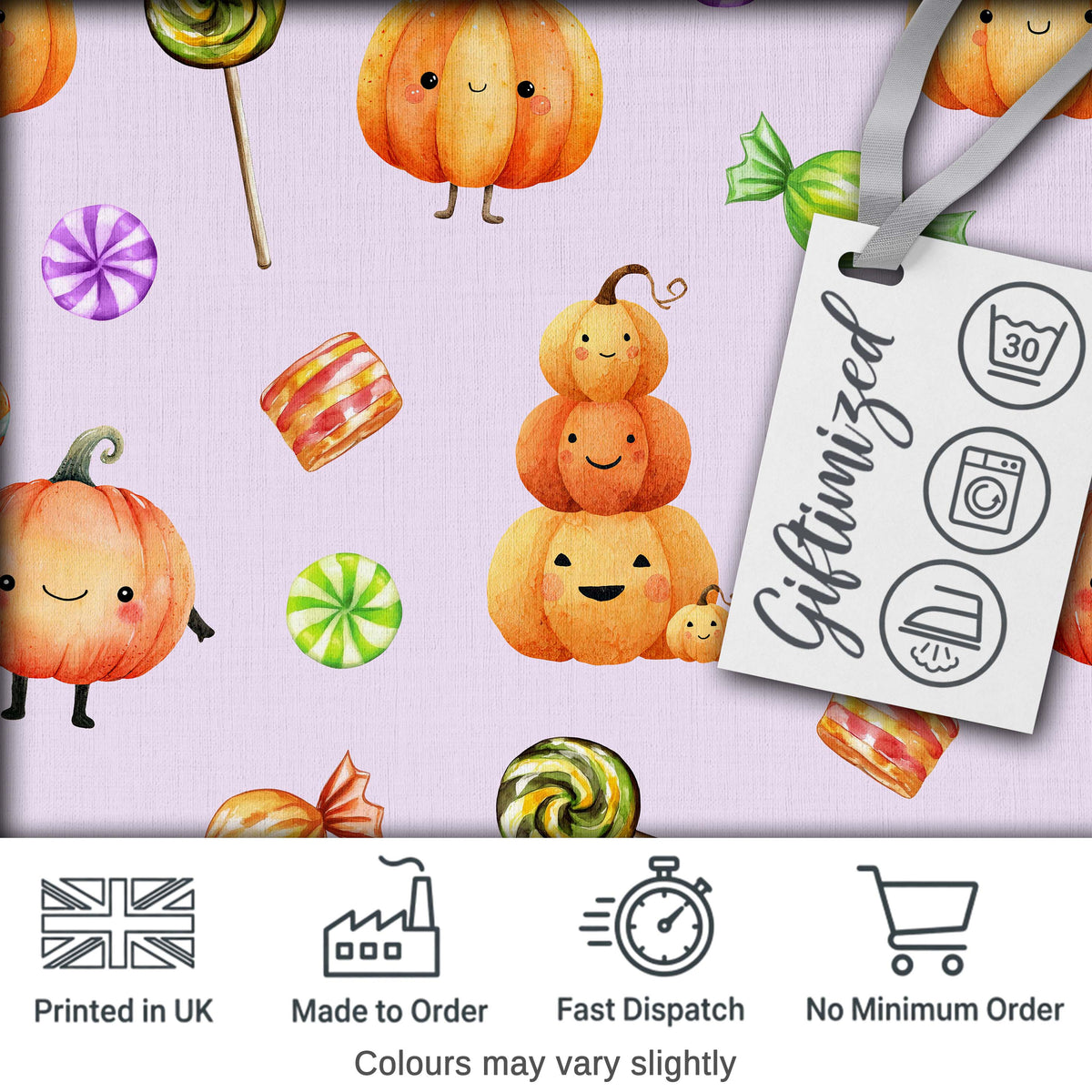 Cute Halloween Pumpkin Candy Characters Lilac Background Seamless Pattern Digital Print Fabric by the Metre UK Sewing Quilting Textile