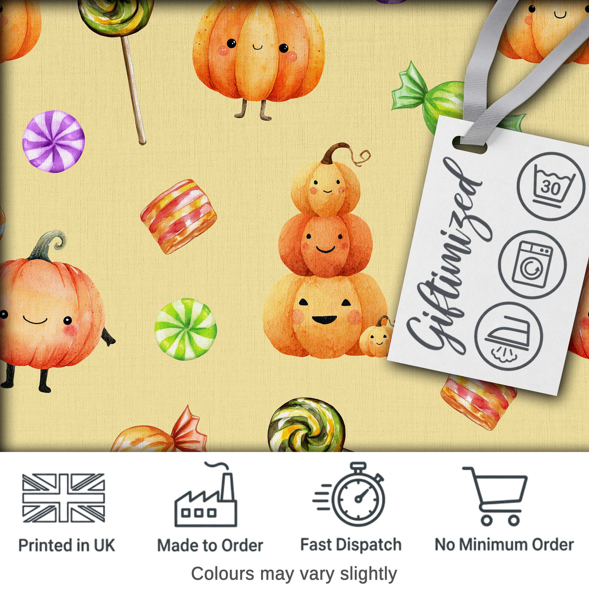 Cute Halloween Pumpkin Candy Characters Warm Beige Background Seamless Pattern Digital Print Fabric by the Metre UK Sewing Quilting Textile