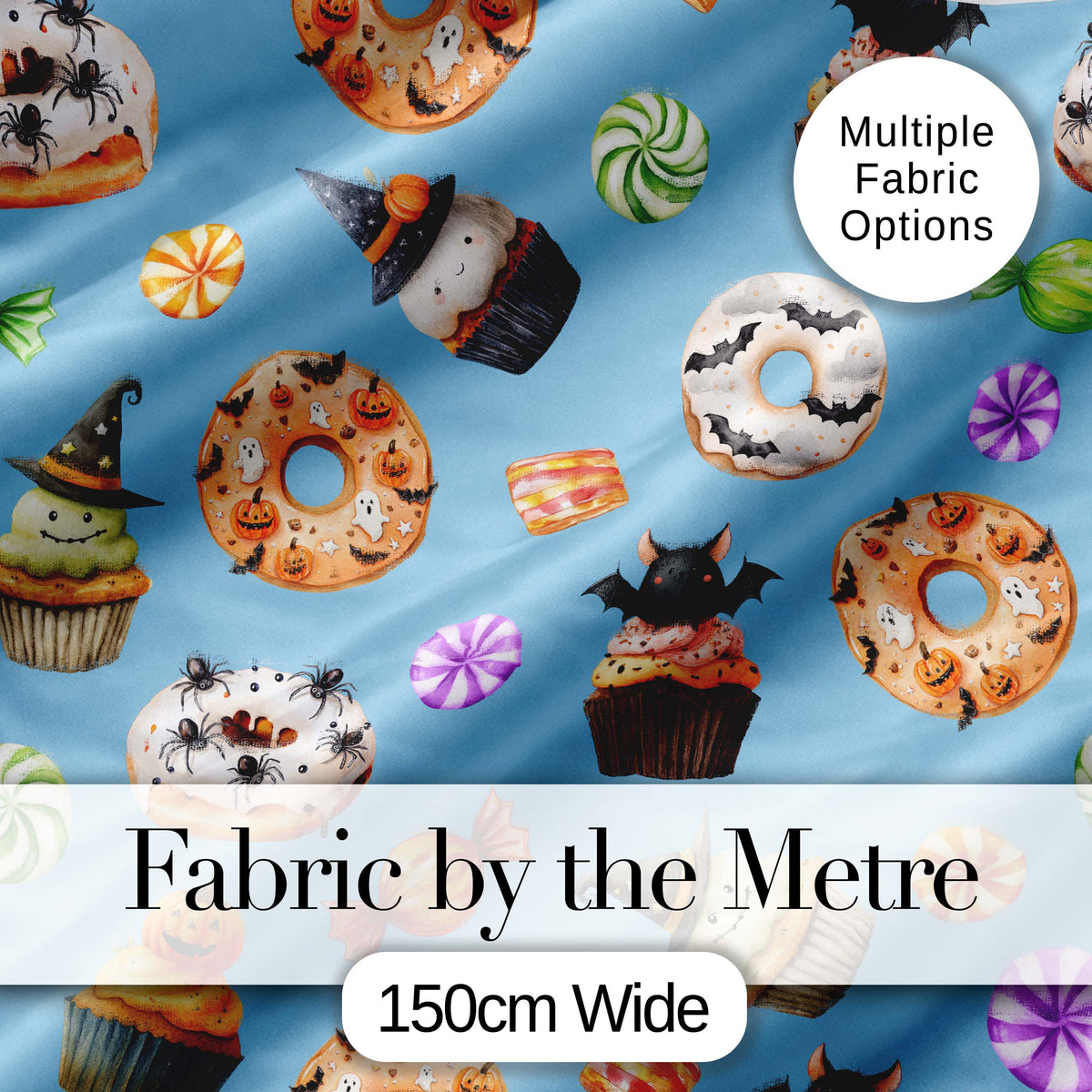 Cute Halloween Spooky Donut Cupcakes Treat Sky Blue Background Seamless Pattern Digital Print Fabric by the Metre UK Sewing Quilting Textile