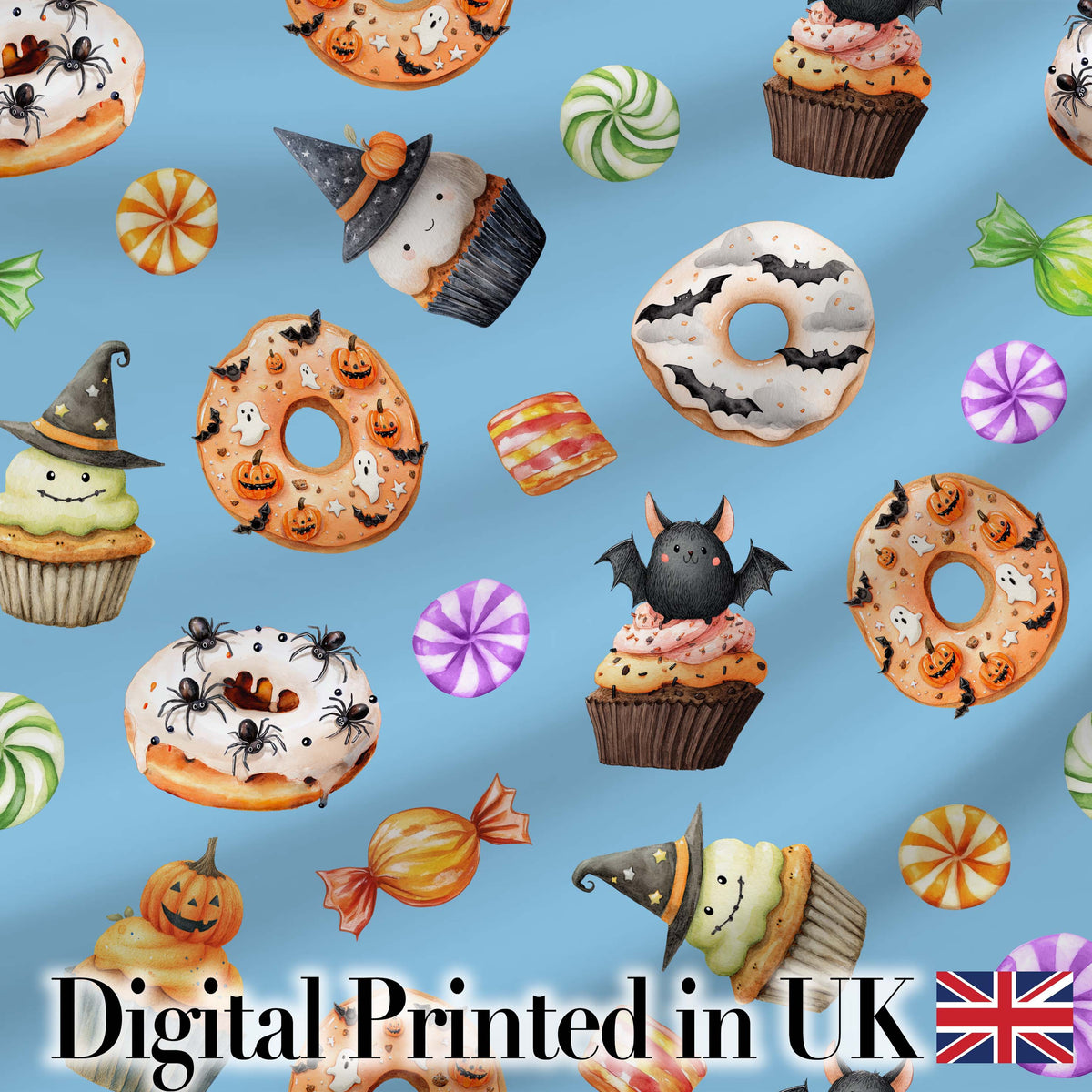 Cute Halloween Spooky Donut Cupcakes Treat Sky Blue Background Seamless Pattern Digital Print Fabric by the Metre UK Sewing Quilting Textile