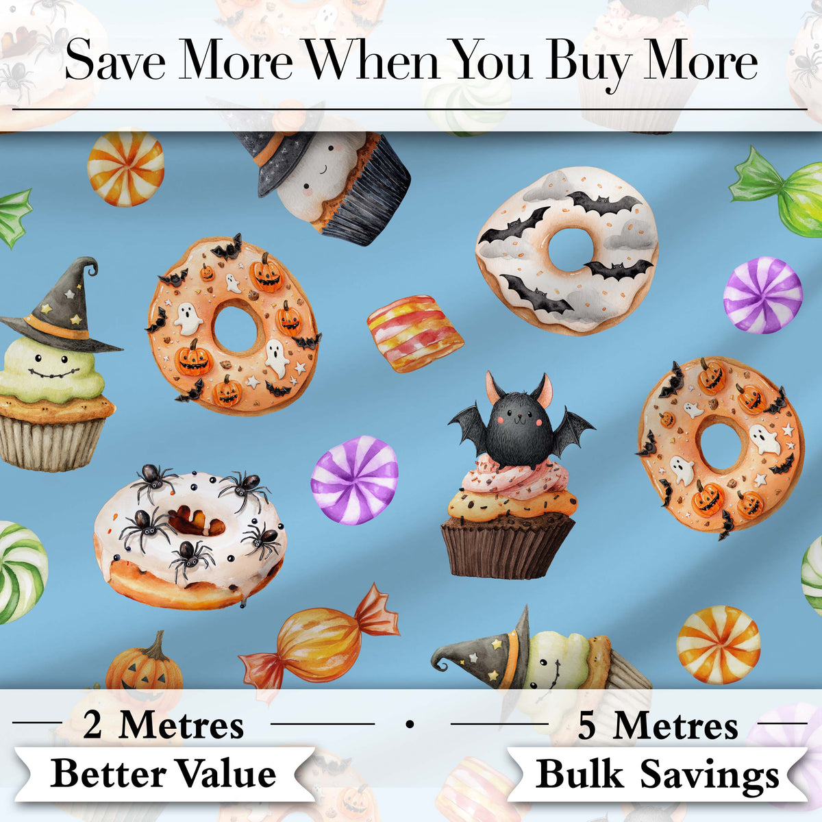 Cute Halloween Spooky Donut Cupcakes Treat Sky Blue Background Seamless Pattern Digital Print Fabric by the Metre UK Sewing Quilting Textile