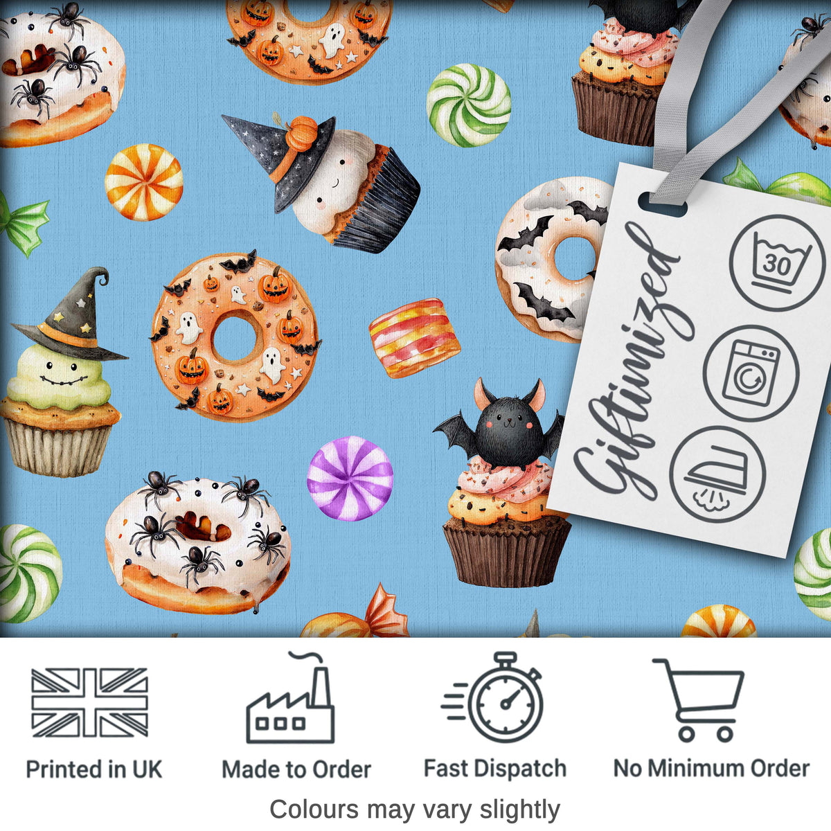 Cute Halloween Spooky Donut Cupcakes Treat Sky Blue Background Seamless Pattern Digital Print Fabric by the Metre UK Sewing Quilting Textile