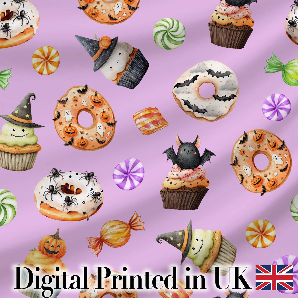 Cute Halloween Spooky Donuts Cupcakes Treats Purple Background Seamless Pattern Digital Print Fabric by the Metre UK Sewing Quilting Textile