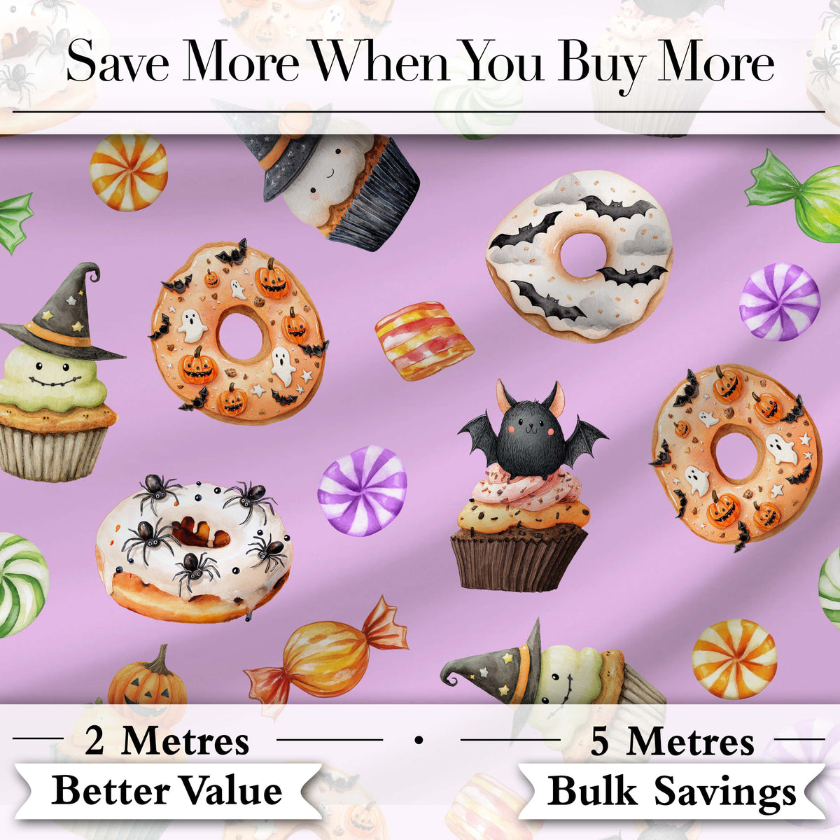 Cute Halloween Spooky Donuts Cupcakes Treats Purple Background Seamless Pattern Digital Print Fabric by the Metre UK Sewing Quilting Textile