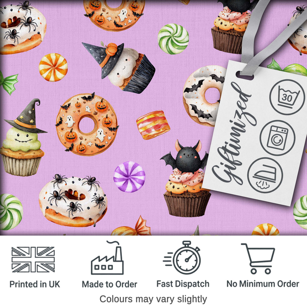 Cute Halloween Spooky Donuts Cupcakes Treats Purple Background Seamless Pattern Digital Print Fabric by the Metre UK Sewing Quilting Textile