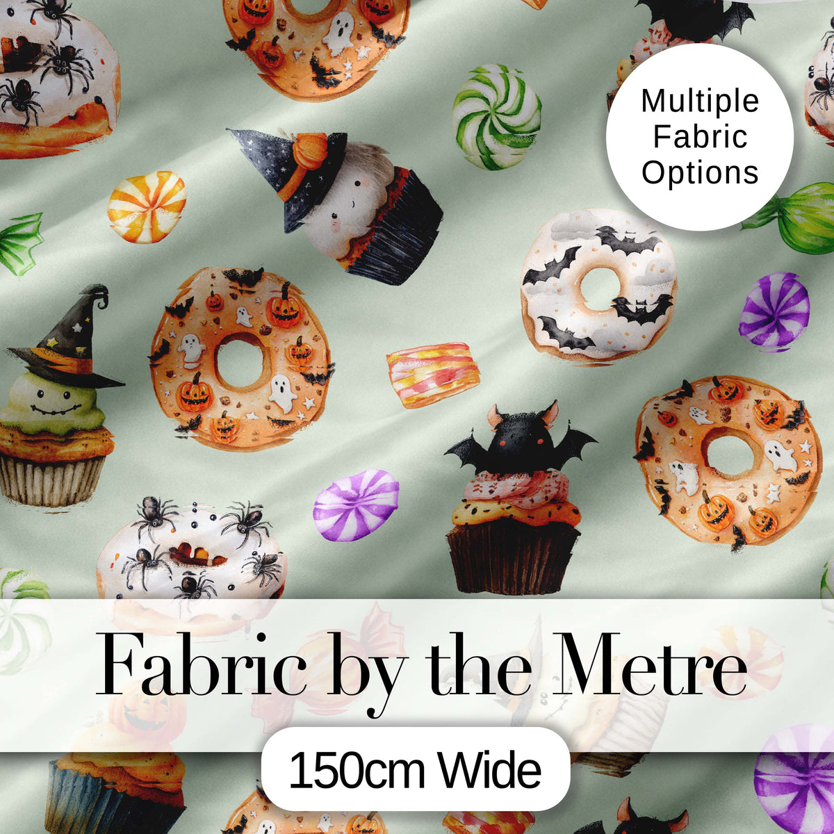 Cute Halloween Donuts Sweet Spooky Treats Soft Sage Background Seamless Pattern Digital Print Fabric by the Metre UK Sewing Quilting Textile
