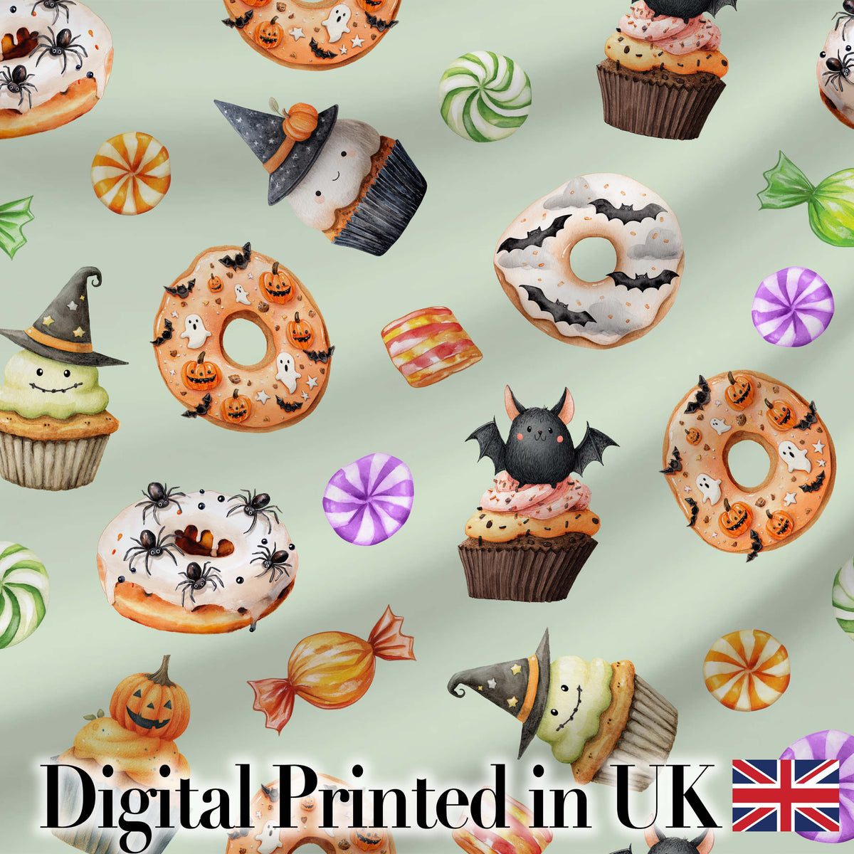 Cute Halloween Donuts Sweet Spooky Treats Soft Sage Background Seamless Pattern Digital Print Fabric by the Metre UK Sewing Quilting Textile