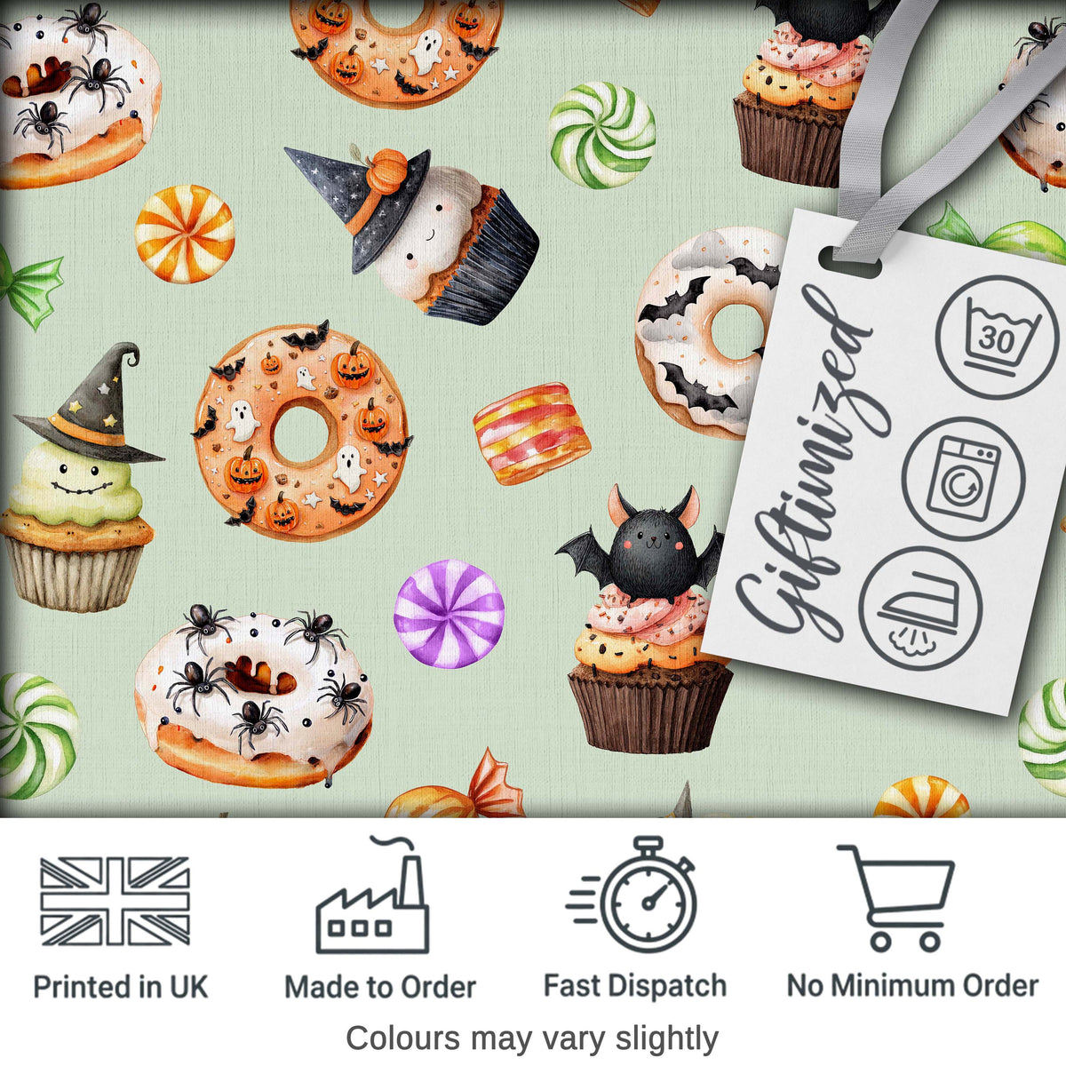 Cute Halloween Donuts Sweet Spooky Treats Soft Sage Background Seamless Pattern Digital Print Fabric by the Metre UK Sewing Quilting Textile