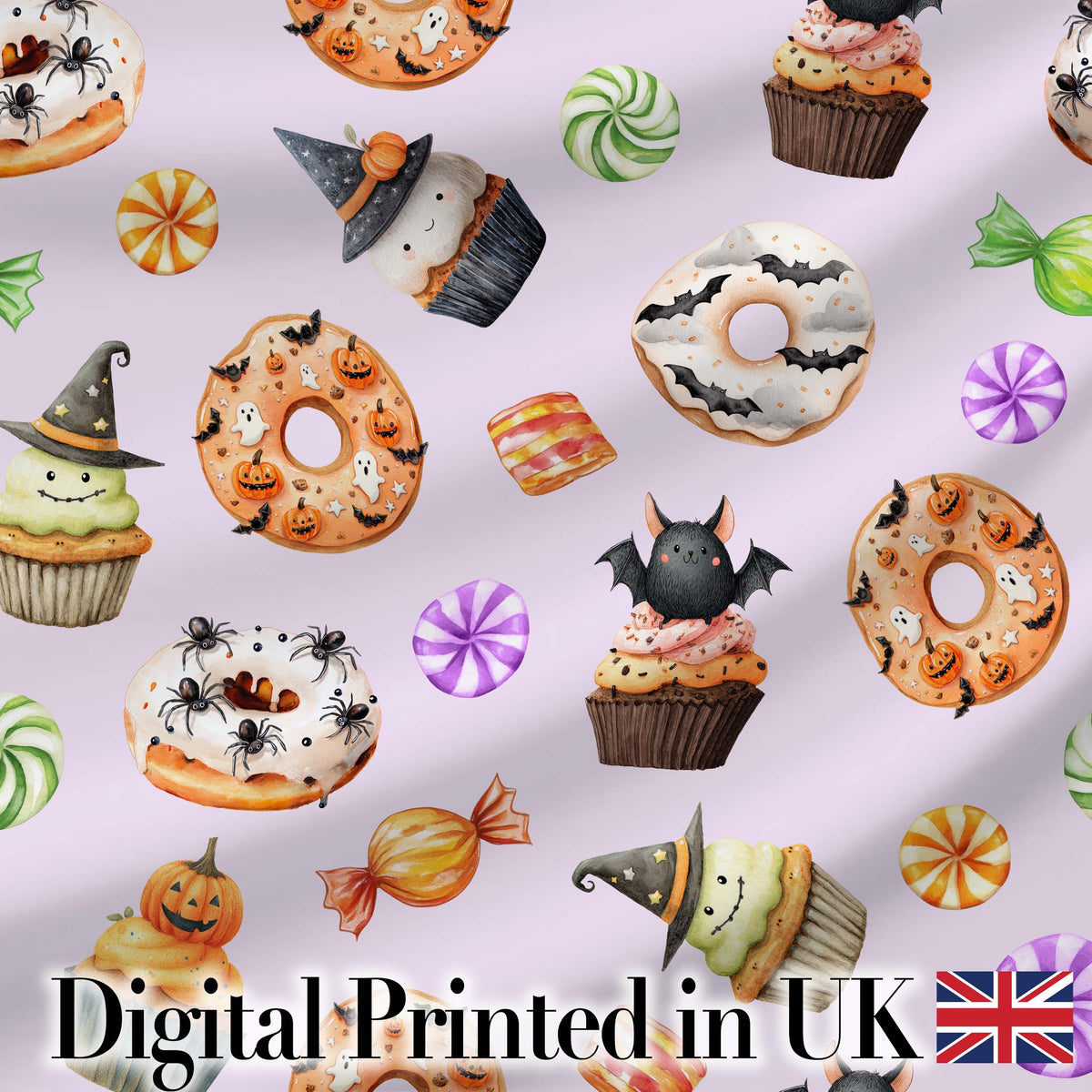 Cute Halloween Donut Sweet Spooky Treats Soft Lilac Background Seamless Pattern Digital Print Fabric by the Metre UK Sewing Quilting Textile