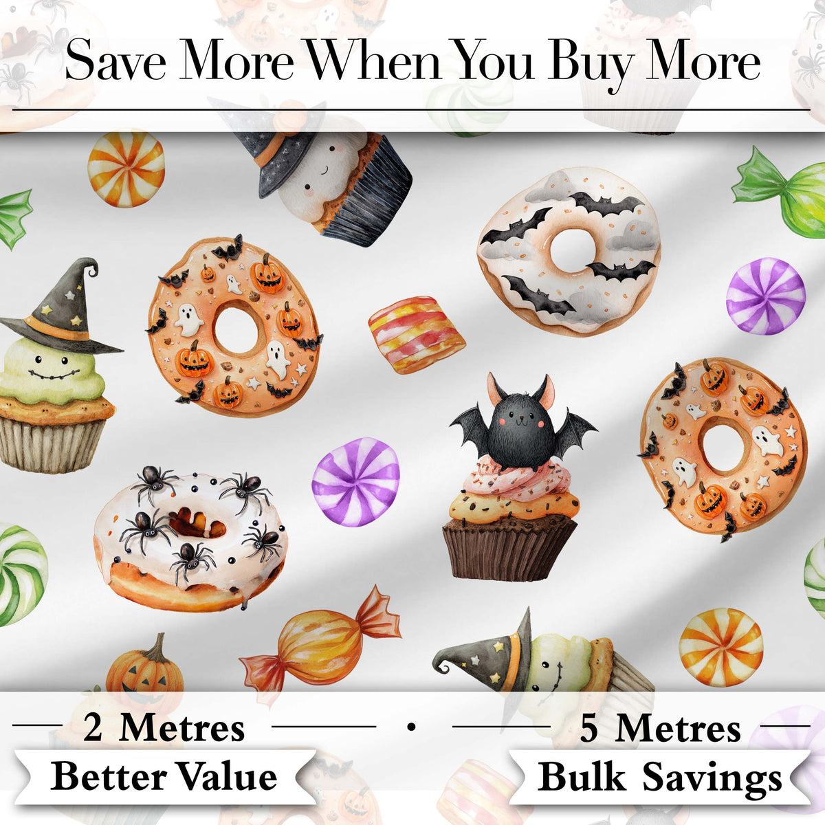 Cute Halloween Donut Spooky Treats Light Grey Background Seamless Pattern Digital Print Fabric by the Metre UK Sewing Quilting Textile