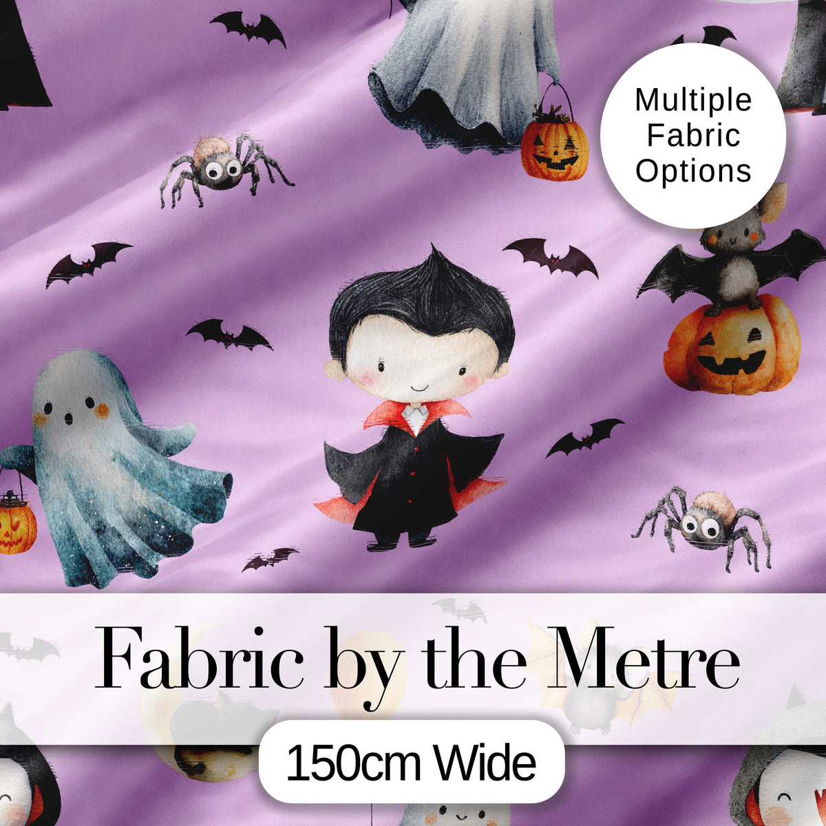 Halloween Vampire Ghost Bat Spooky Character Purple Seamless Pattern Digital Print Fabric by the Metre UK Sewing Quilting Textile