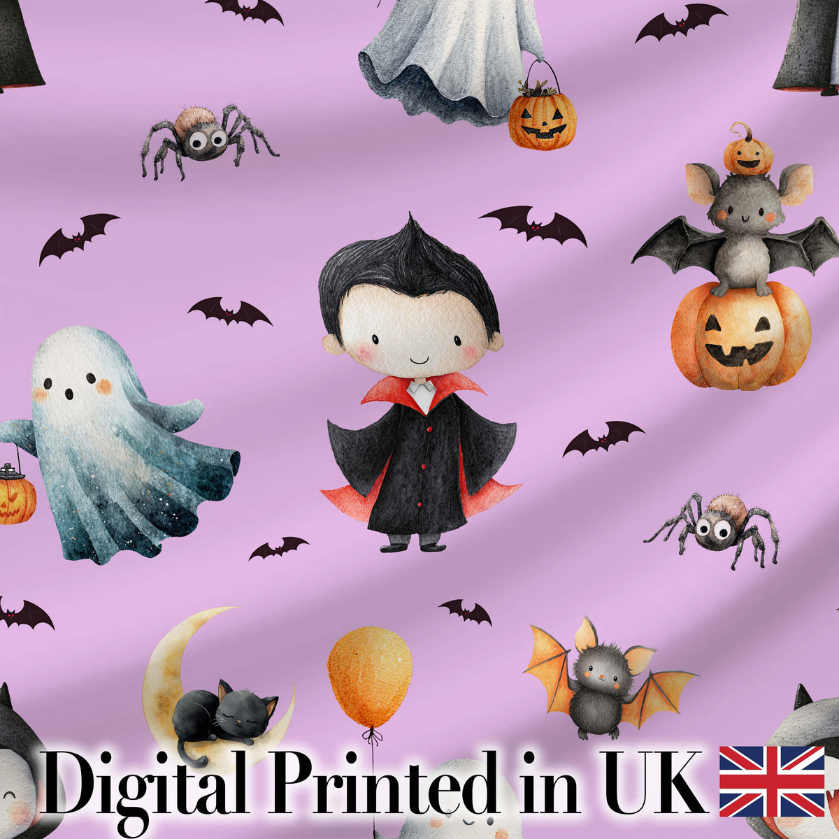 Halloween Vampire Ghost Bat Spooky Character Purple Seamless Pattern Digital Print Fabric by the Metre UK Sewing Quilting Textile