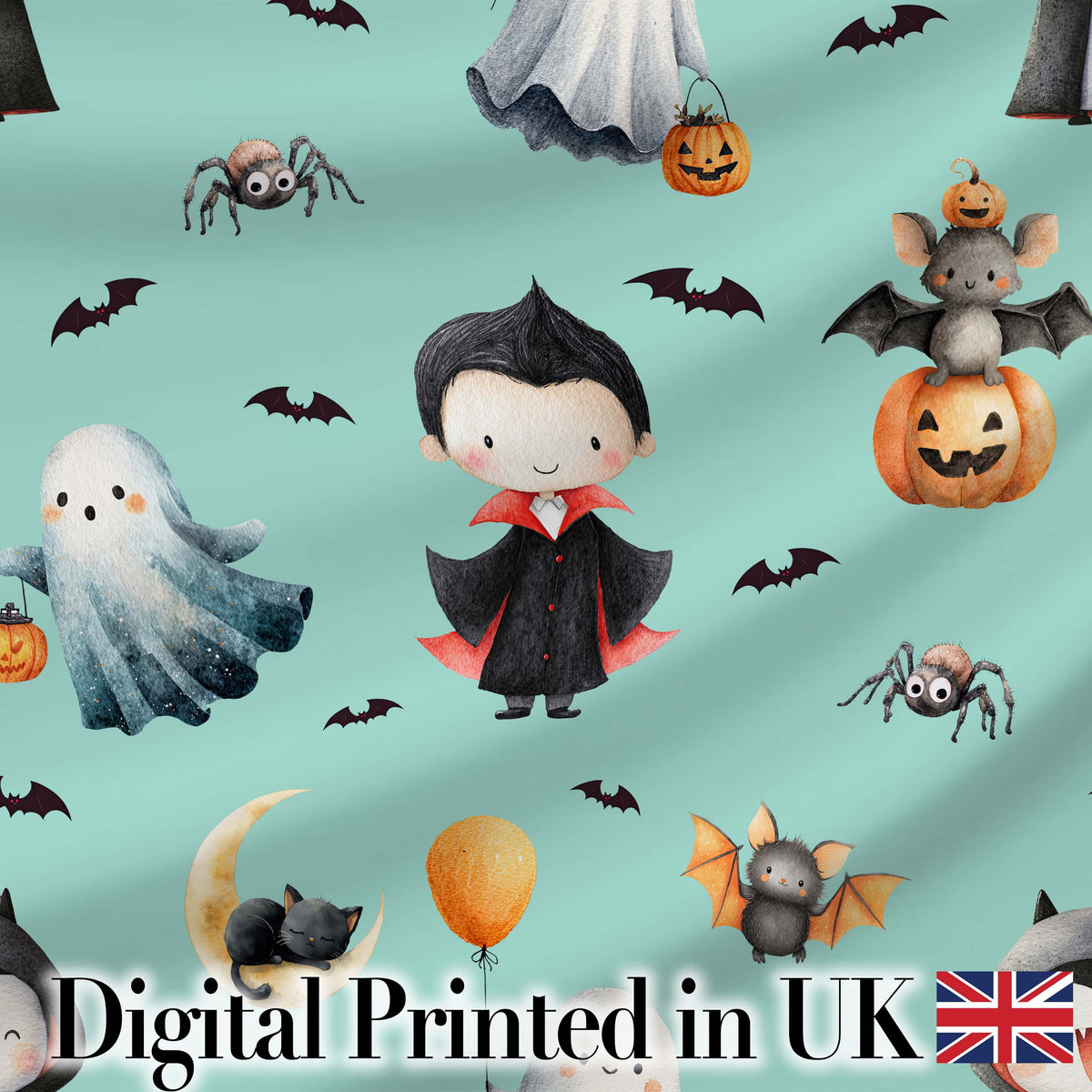 Halloween Vampire Ghost Bats Spooky Characters Mint Green Seamless Pattern Digital Print Fabric by the Metre UK Sewing Quilting Textile