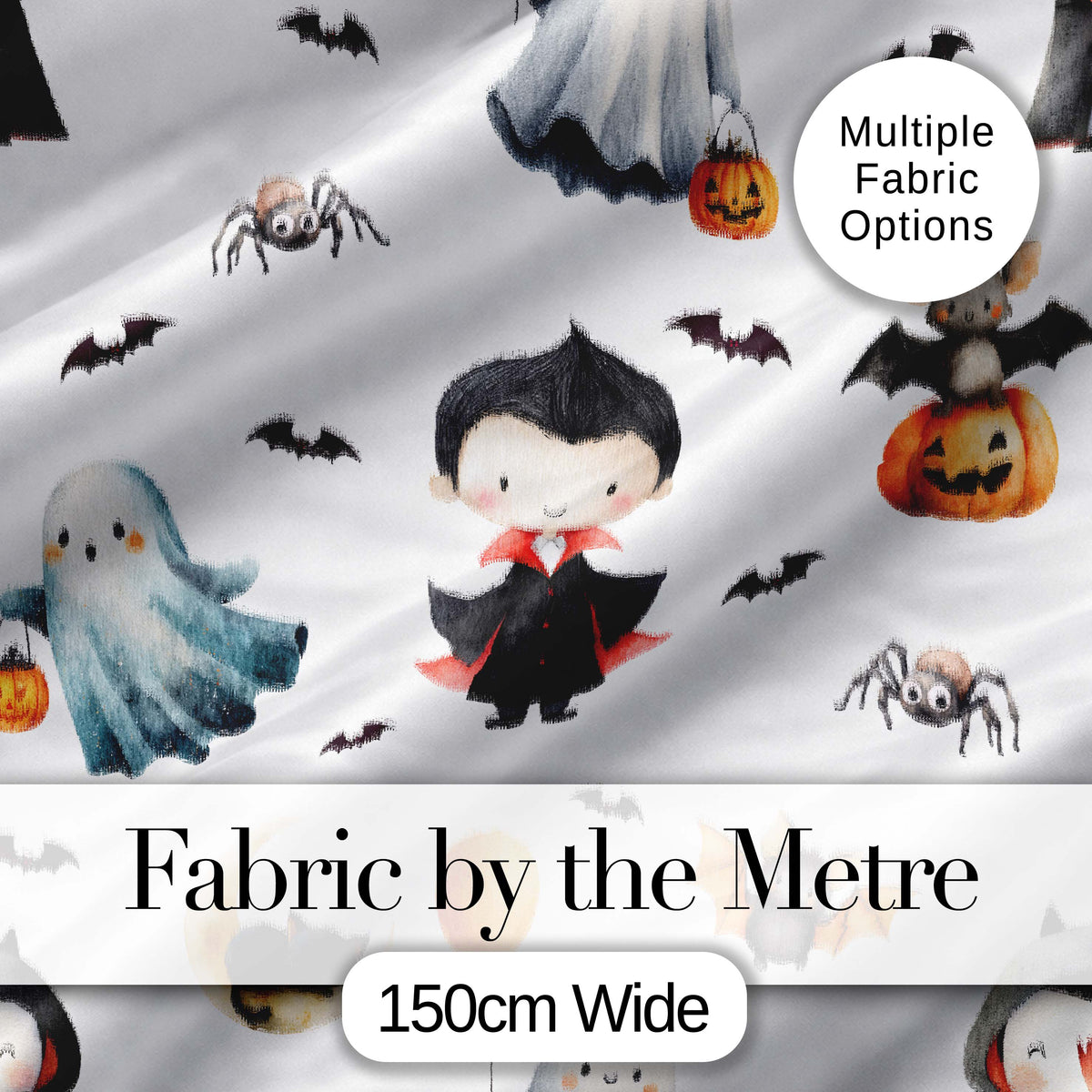 Halloween Vampire Ghost Bats Spooky Characters Light Grey Seamless Pattern Digital Print Fabric by the Metre UK Sewing Quilting Textile