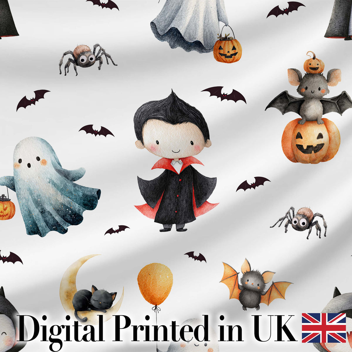 Halloween Vampire Ghost Bats Spooky Characters Light Grey Seamless Pattern Digital Print Fabric by the Metre UK Sewing Quilting Textile
