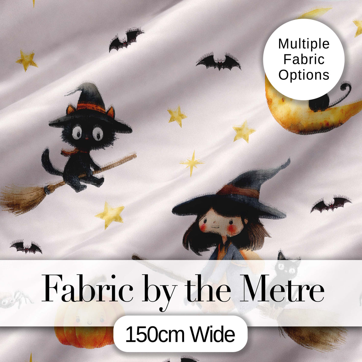 Halloween Witch Cat Moon Stars Spooky Night Blush Seamless Pattern Digital Print Fabric by the Metre UK Sewing Quilting Textile