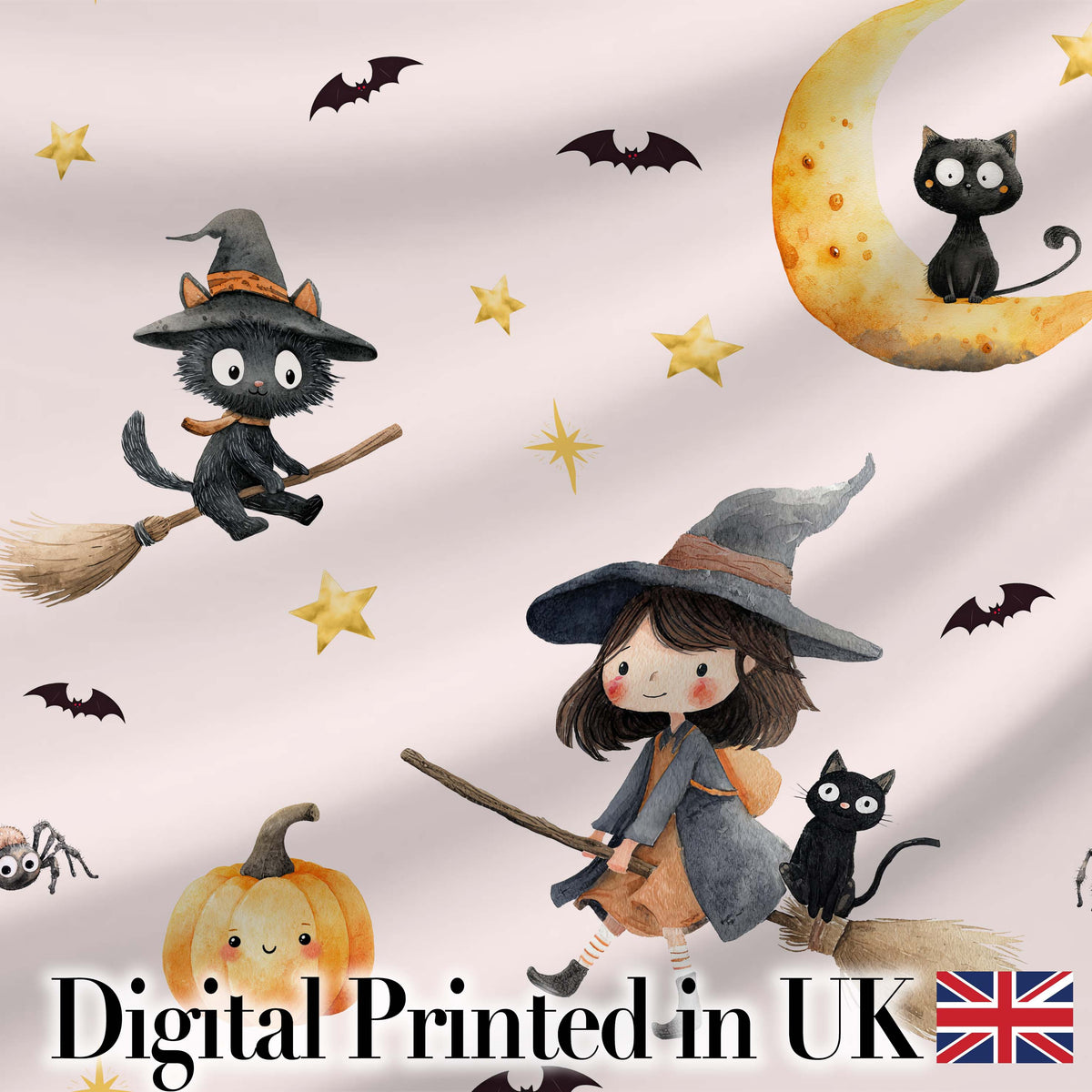 Halloween Witch Cat Moon Stars Spooky Night Blush Seamless Pattern Digital Print Fabric by the Metre UK Sewing Quilting Textile