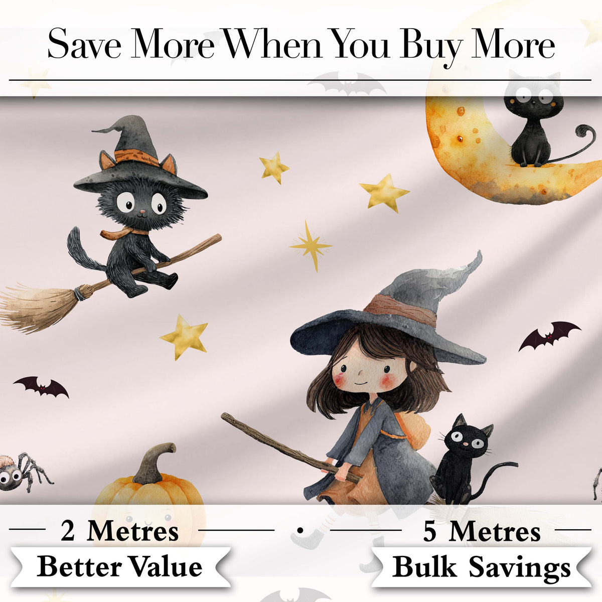 Halloween Witch Cat Moon Stars Spooky Night Blush Seamless Pattern Digital Print Fabric by the Metre UK Sewing Quilting Textile