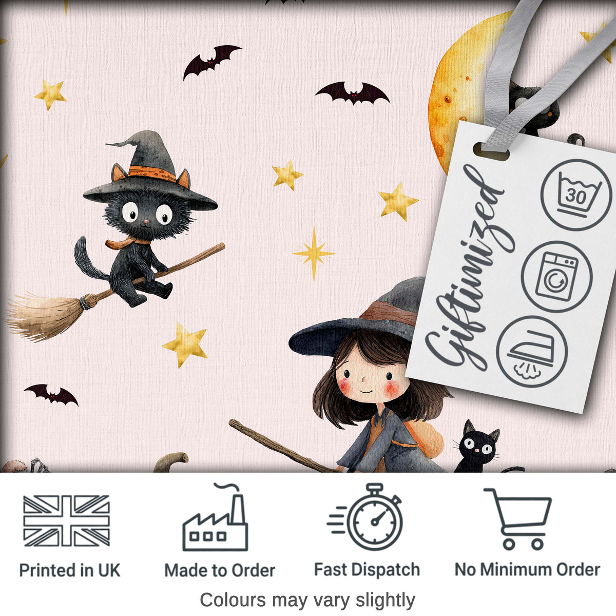Halloween Witch Cat Moon Stars Spooky Night Blush Seamless Pattern Digital Print Fabric by the Metre UK Sewing Quilting Textile