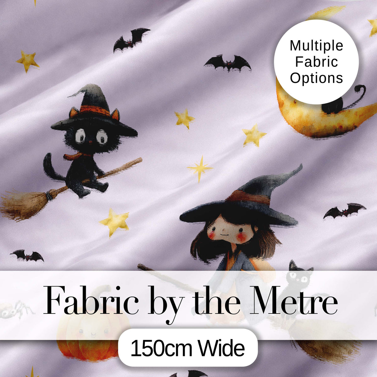 Halloween Witch Cat Moon Stars Spooky Night Lilac Seamless Pattern Digital Print Fabric by the Metre UK Sewing Quilting Textile