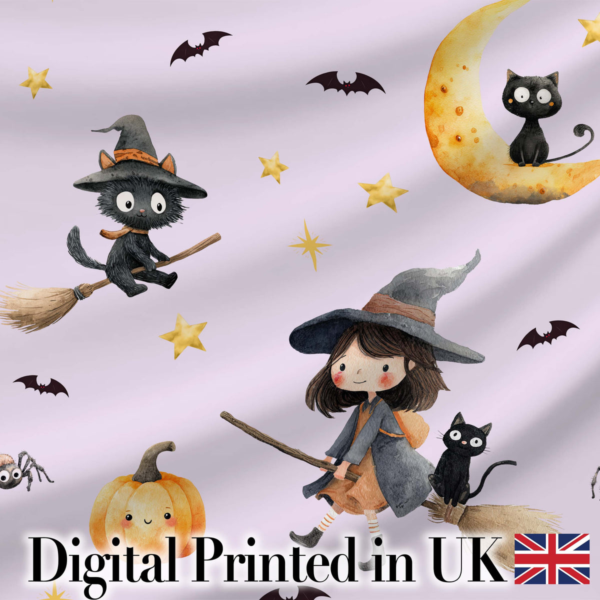 Halloween Witch Cat Moon Stars Spooky Night Lilac Seamless Pattern Digital Print Fabric by the Metre UK Sewing Quilting Textile