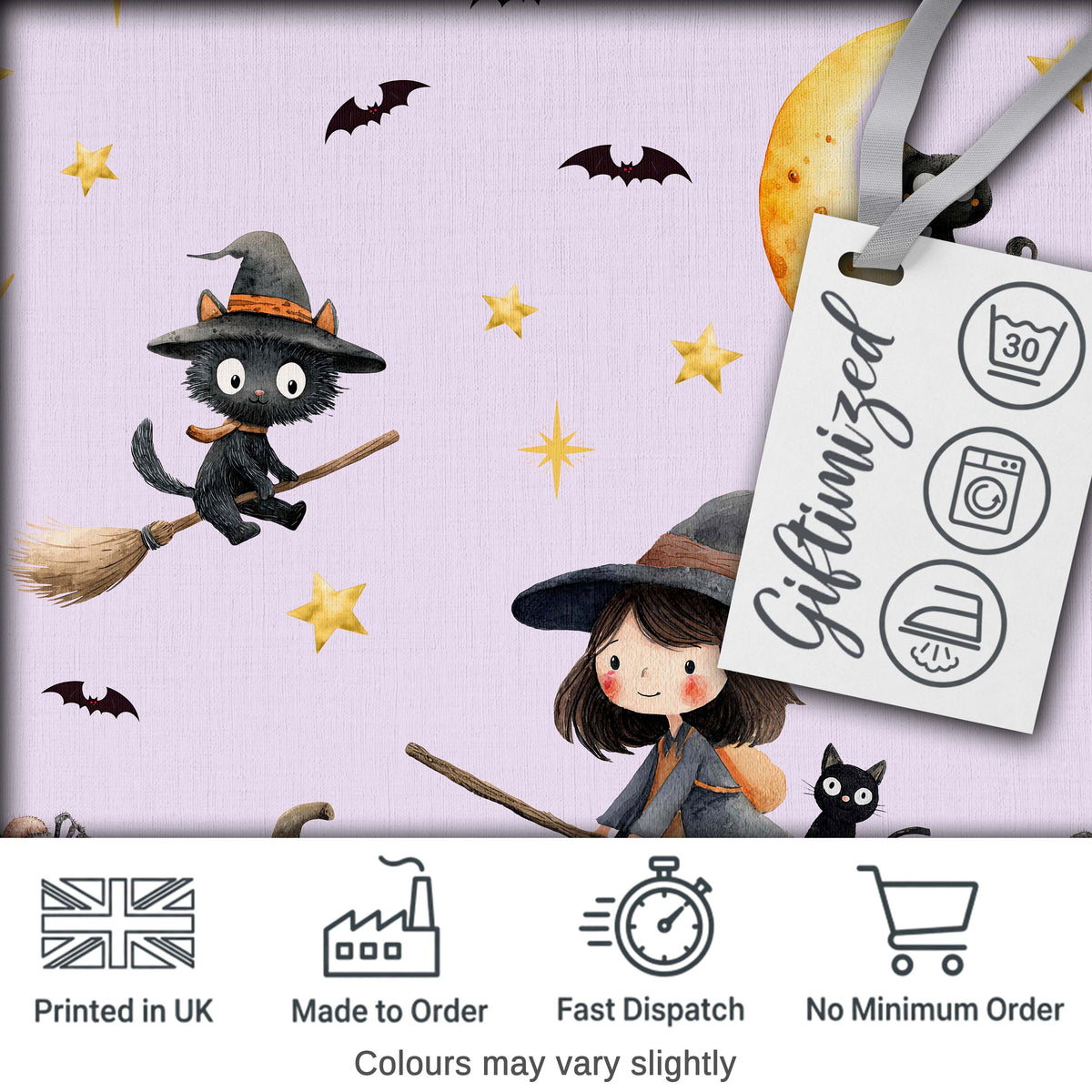 Halloween Witch Cat Moon Stars Spooky Night Lilac Seamless Pattern Digital Print Fabric by the Metre UK Sewing Quilting Textile