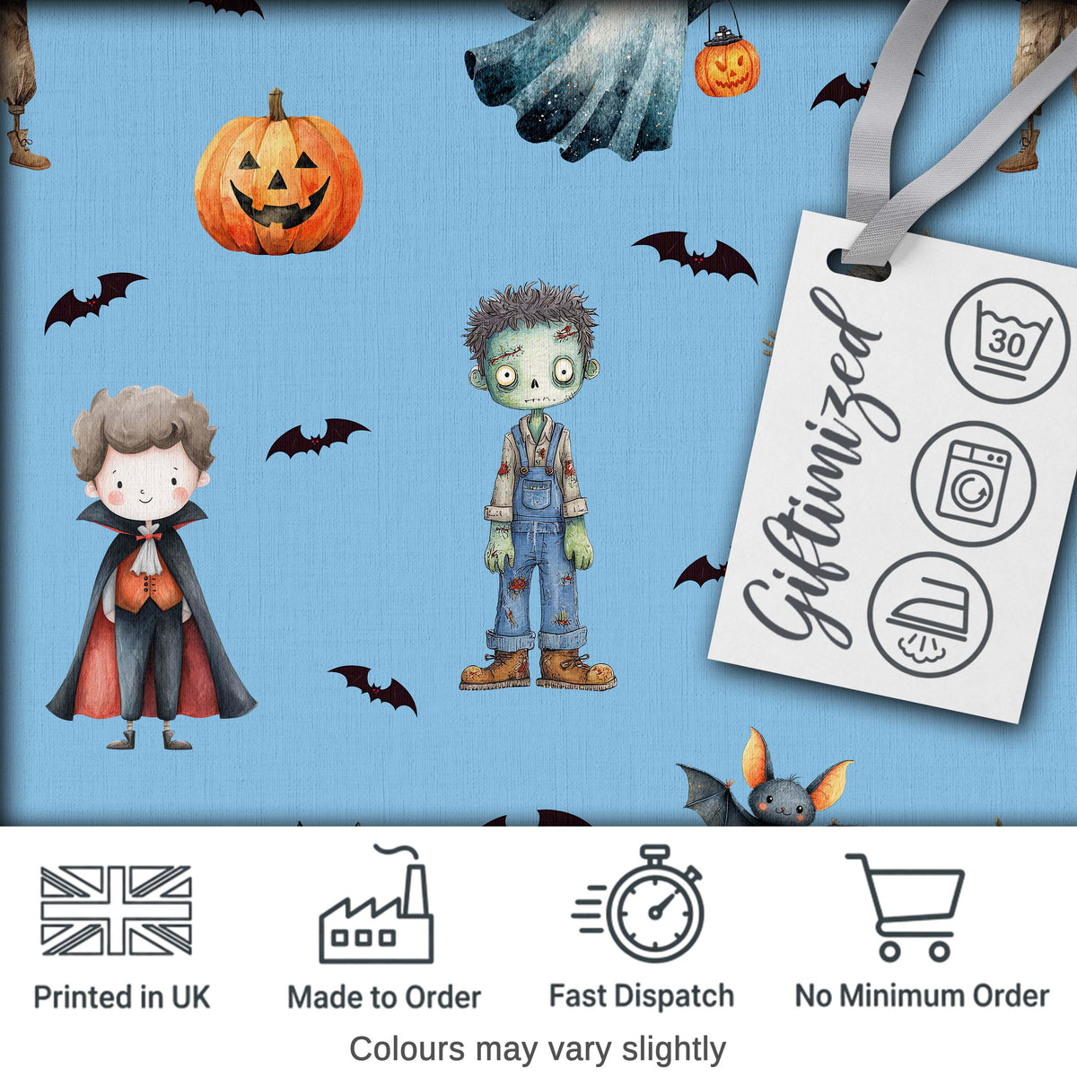 Halloween Zombie Mummy Vampire Bat Spooky Sky Blue Seamless Pattern Digital Print Fabric by the Metre UK Sewing Quilting Textile