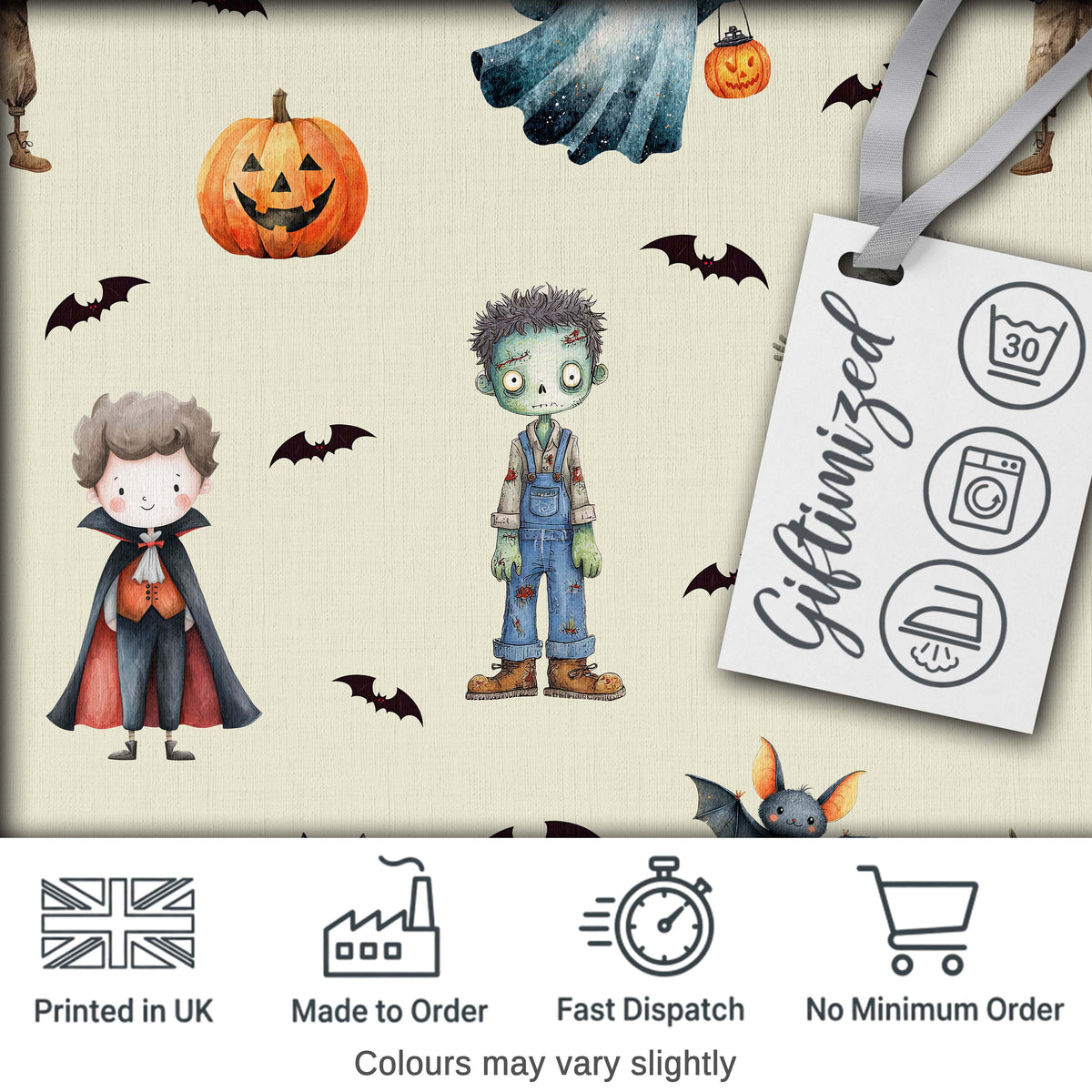 Halloween Zombie Mummy Vampire Bat Spooky Cream Seamless Pattern Digital Print Fabric by the Metre UK Sewing Quilting Textile