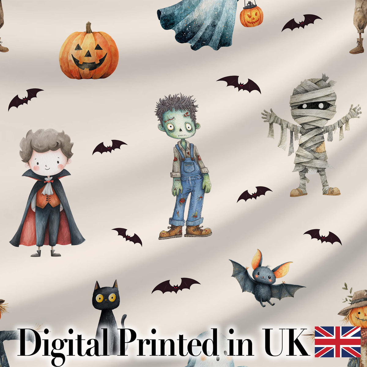 Halloween Zombie Mummy Vampire Bat Spooky Neutral Seamless Pattern Digital Print Fabric by the Metre UK Sewing Quilting Textile