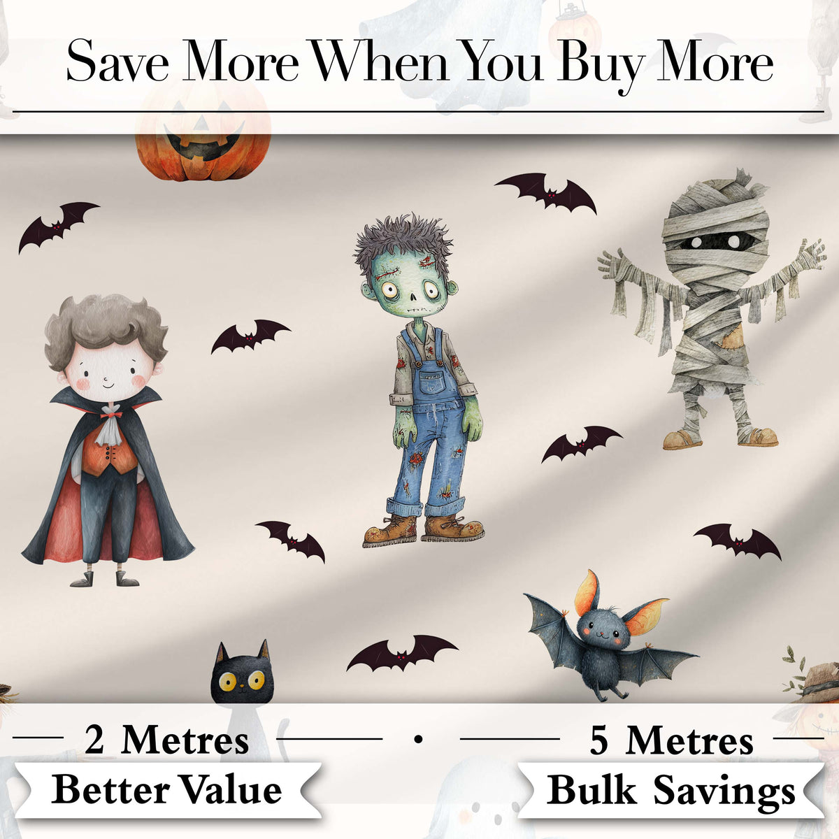 Halloween Zombie Mummy Vampire Bat Spooky Neutral Seamless Pattern Digital Print Fabric by the Metre UK Sewing Quilting Textile