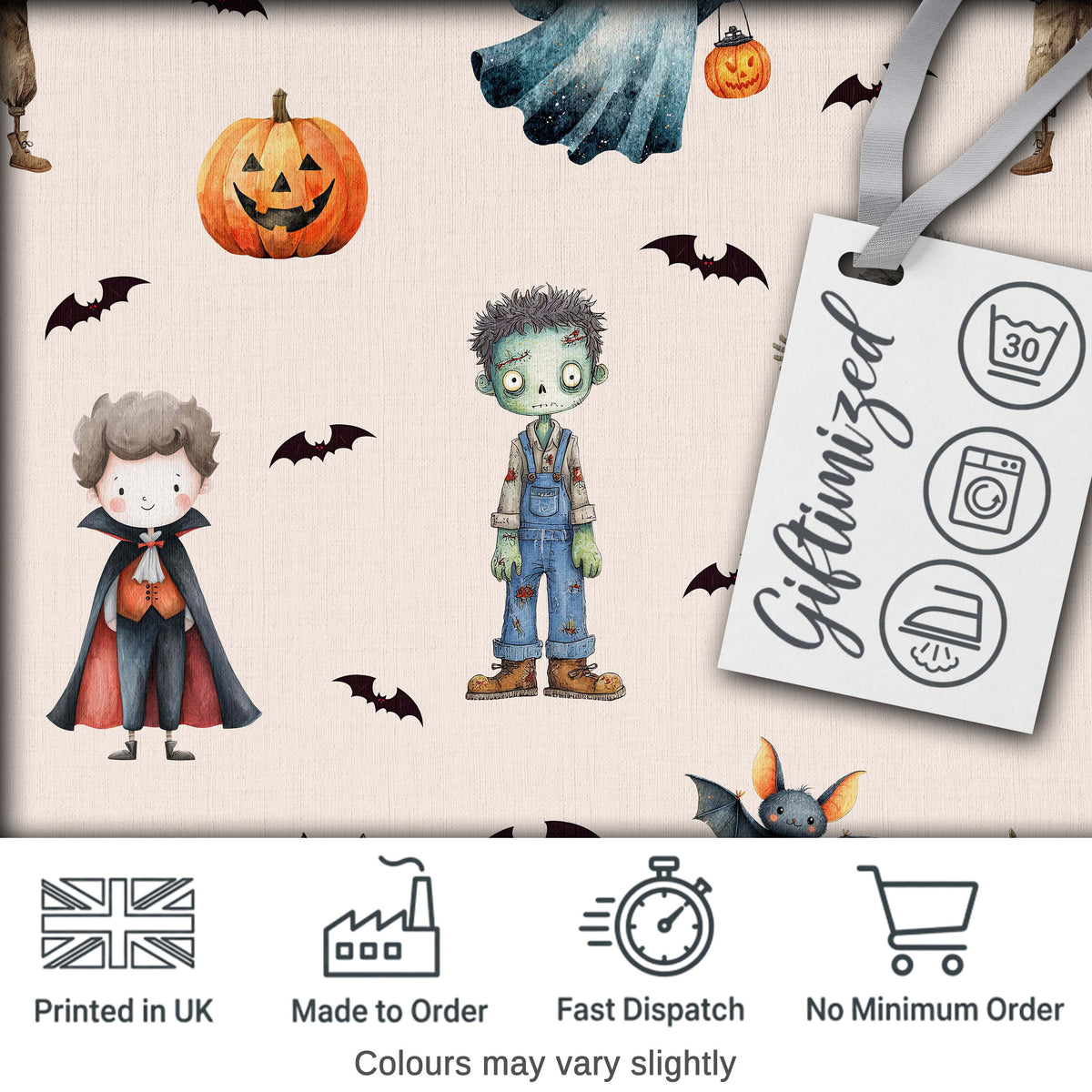Halloween Zombie Mummy Vampire Bat Spooky Neutral Seamless Pattern Digital Print Fabric by the Metre UK Sewing Quilting Textile